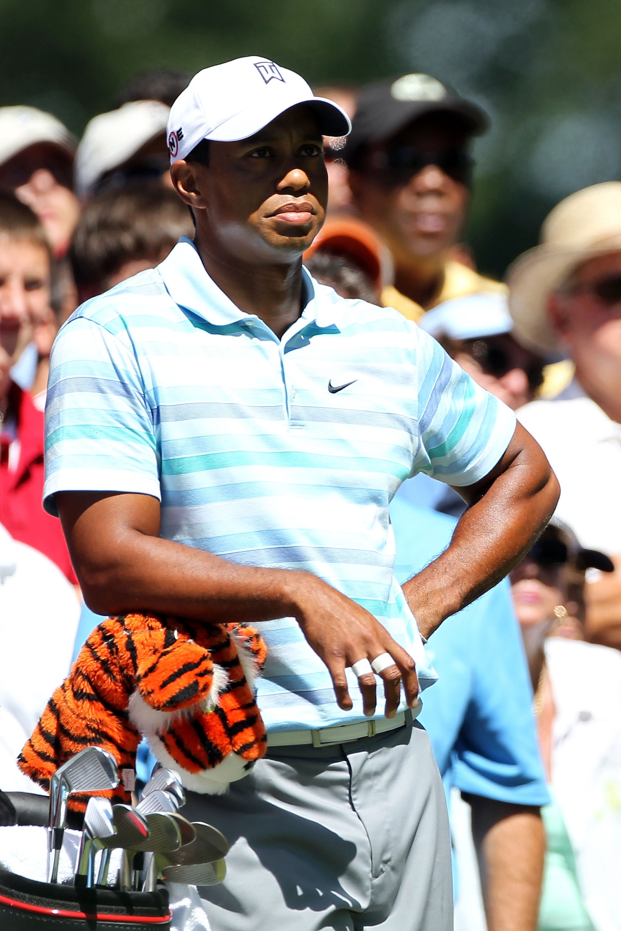 PARAMUS, NJ - AUGUST 27:  Tiger Woods looks on from the tenth hole tee box during the second round of The Barclays at the Ridgewood Country Club on August 27, 2010 in Paramus, New Jersey.  (Photo by Hunter Martin/Getty Images)