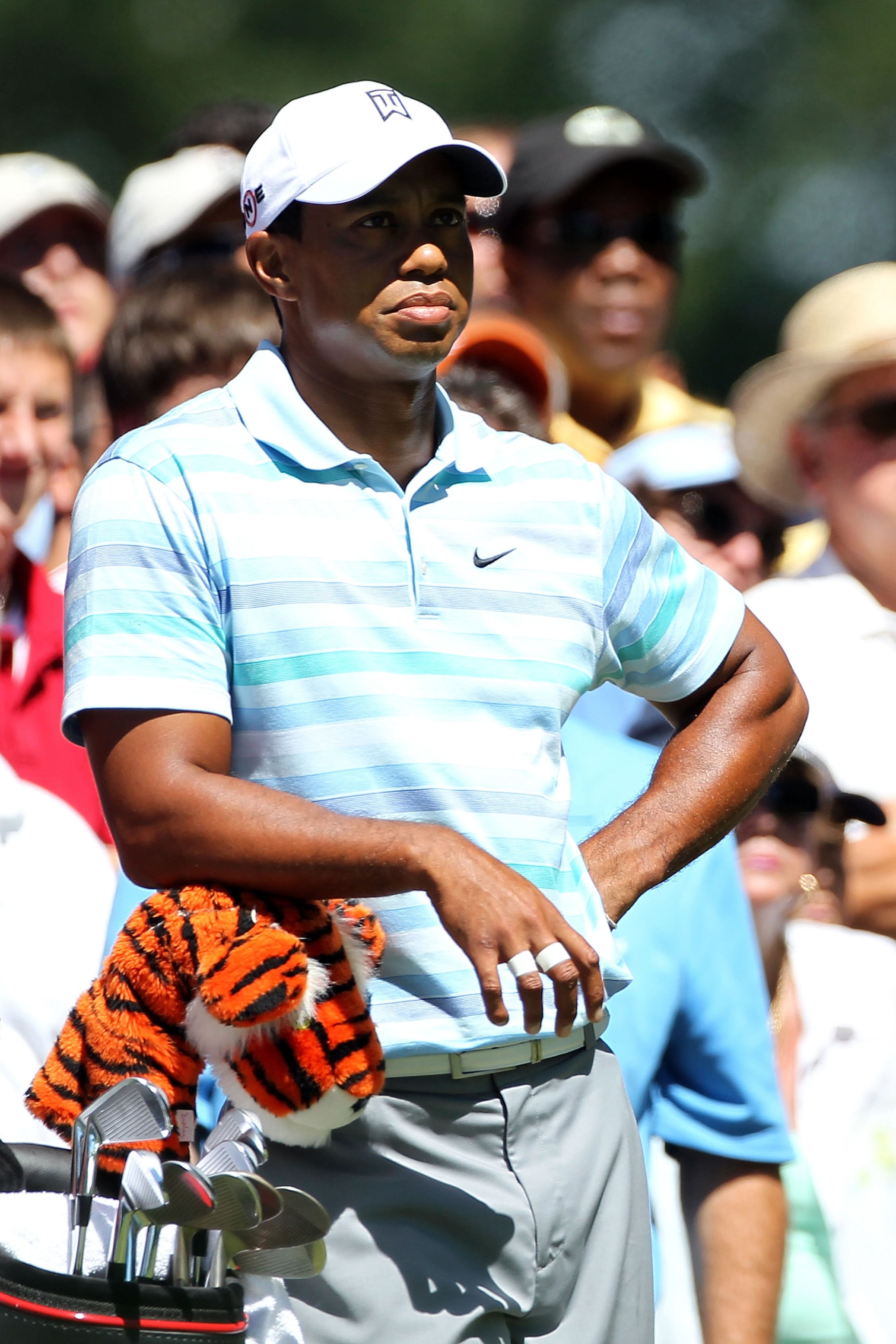 PARAMUS, NJ - AUGUST 27:  Tiger Woods looks on from the tenth hole tee box during the second round of The Barclays at the Ridgewood Country Club on August 27, 2010 in Paramus, New Jersey.  (Photo by Hunter Martin/Getty Images)