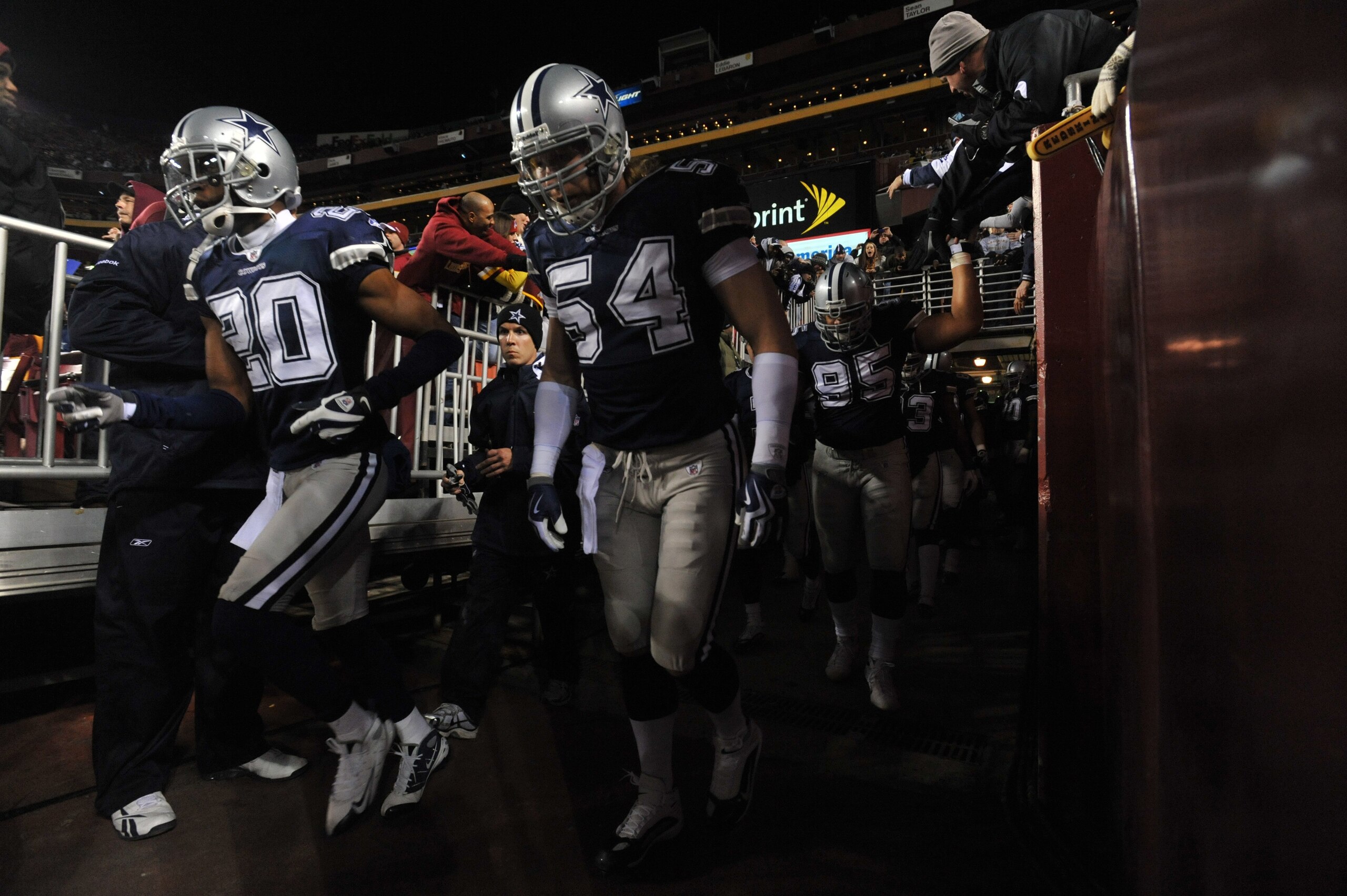 LANDOVER, MD - DECEMBER 27:  Bobby Carpenter #54 of the Dallas Cowboys prepares to run onto the field before the game against the Washington Redskins at FedExField on December 27, 2009 in Landover, Maryland. The Cowboys defeated the Redskins 17-0. (Photo 