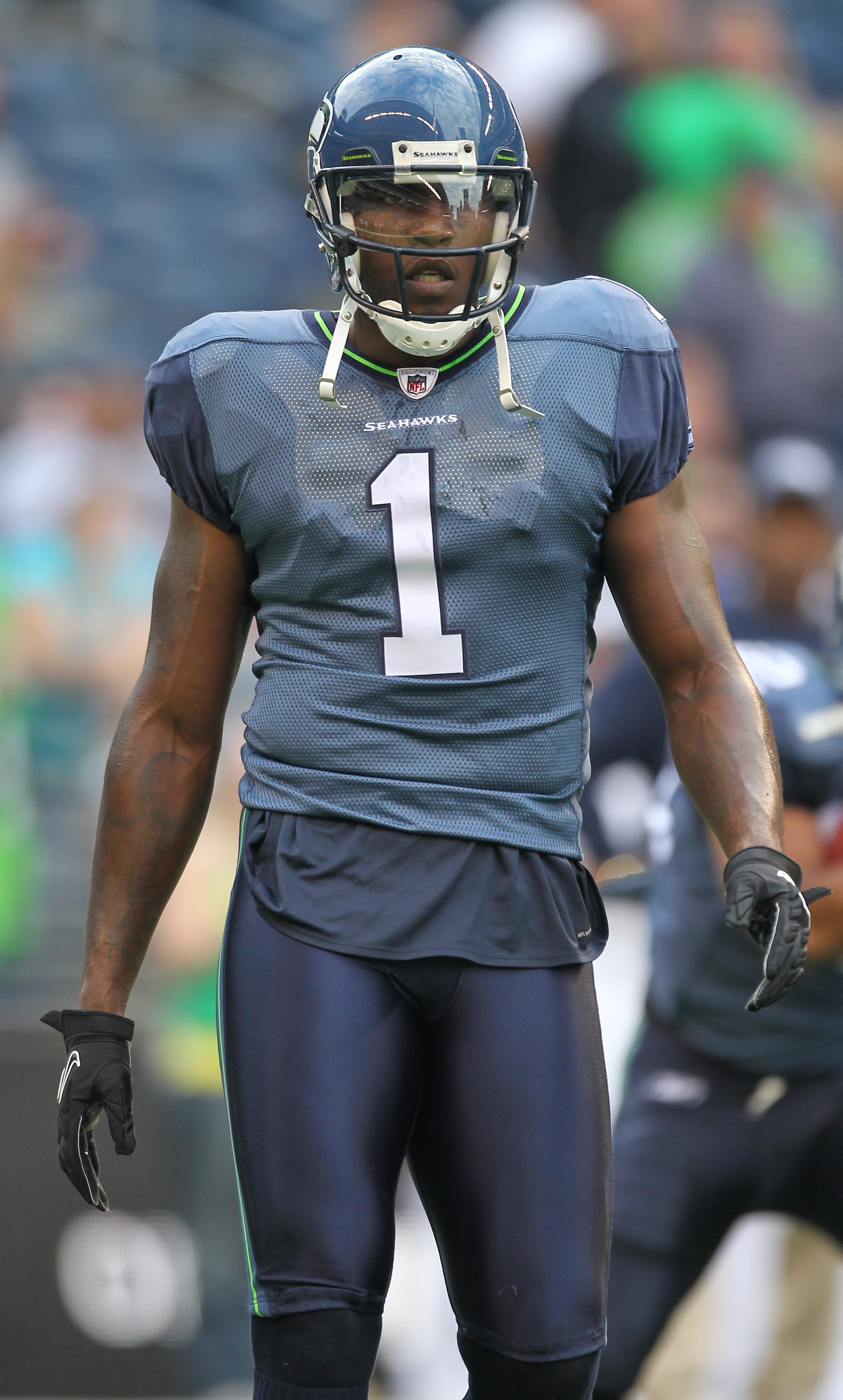 SEATTLE - AUGUST 21:  Wide receiver Mike Williams #1 of the Seattle Seahawks looks on during warmups prior to the preseason game against the Green Bay Packers at Qwest Field on August 21, 2010 in Seattle, Washington. (Photo by Otto Greule Jr/Getty Images)