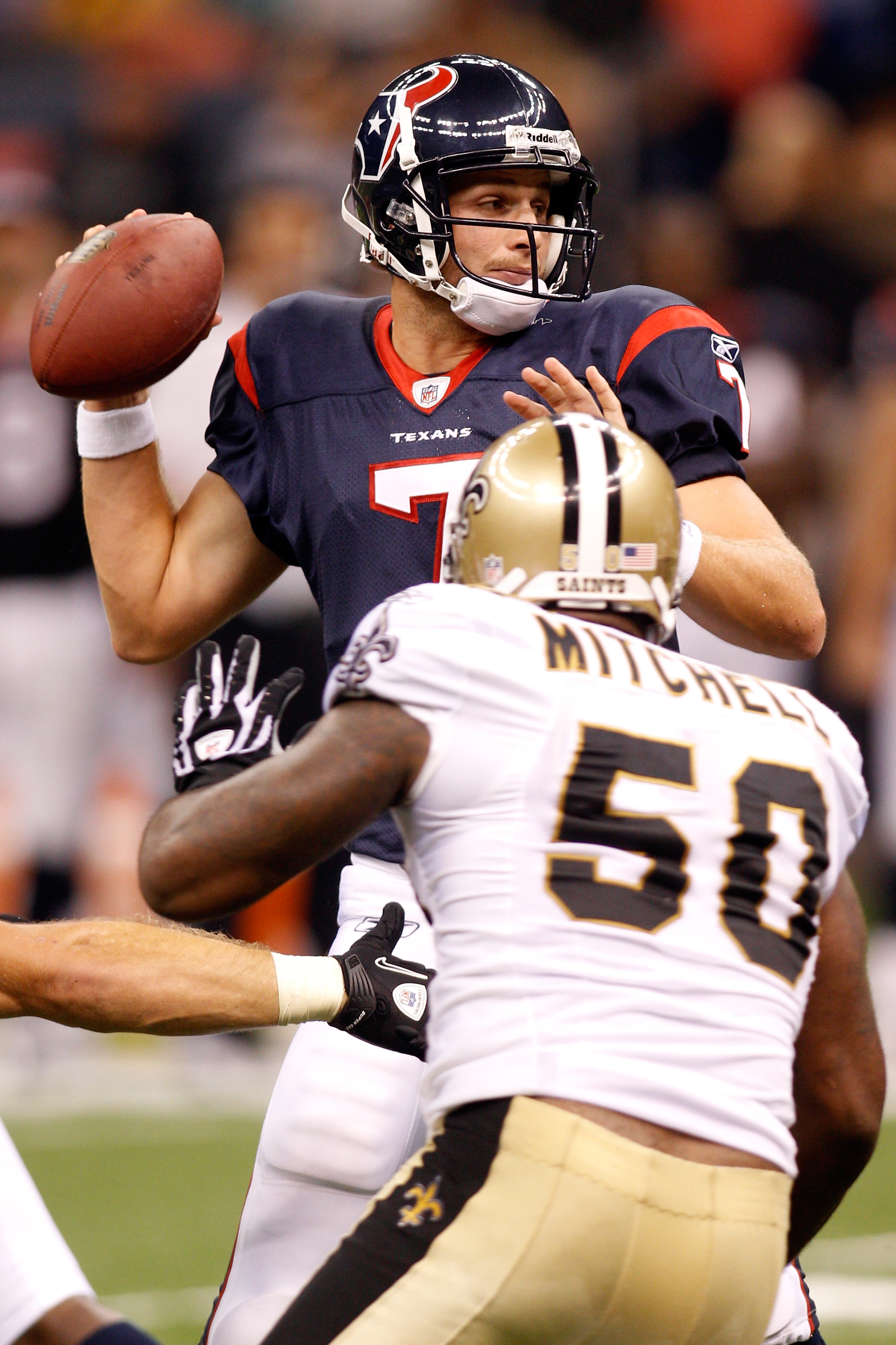 NEW ORLEANS - AUGUST 21:  Dan Orlovsky #7 of the Houston Texans in action during the game against the New Orleans Saints at the Louisiana Superdome on August 21, 2010 in New Orleans, Louisiana.  (Photo by Chris Graythen/Getty Images)