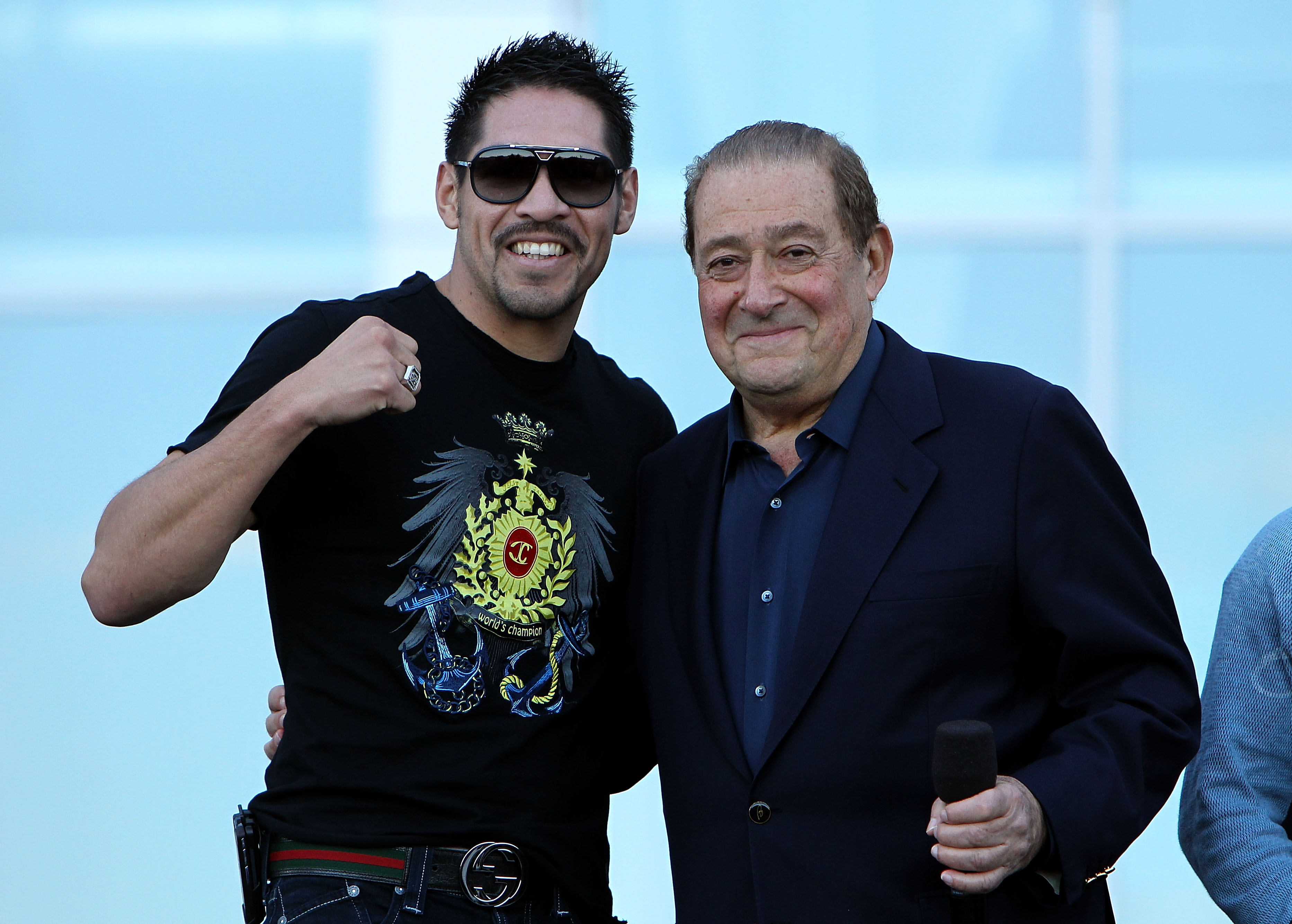 ARLINGTON, TX - MARCH 12:  Boxer Antonio Margarito of Mexico and promoter Bob Arum pose in front of Cowboys Stadium before the weigh-in for the WBO welterweight title fight between Manny Pacquiao of the Philippines and Joshua Clottey of Ghana on March 12,