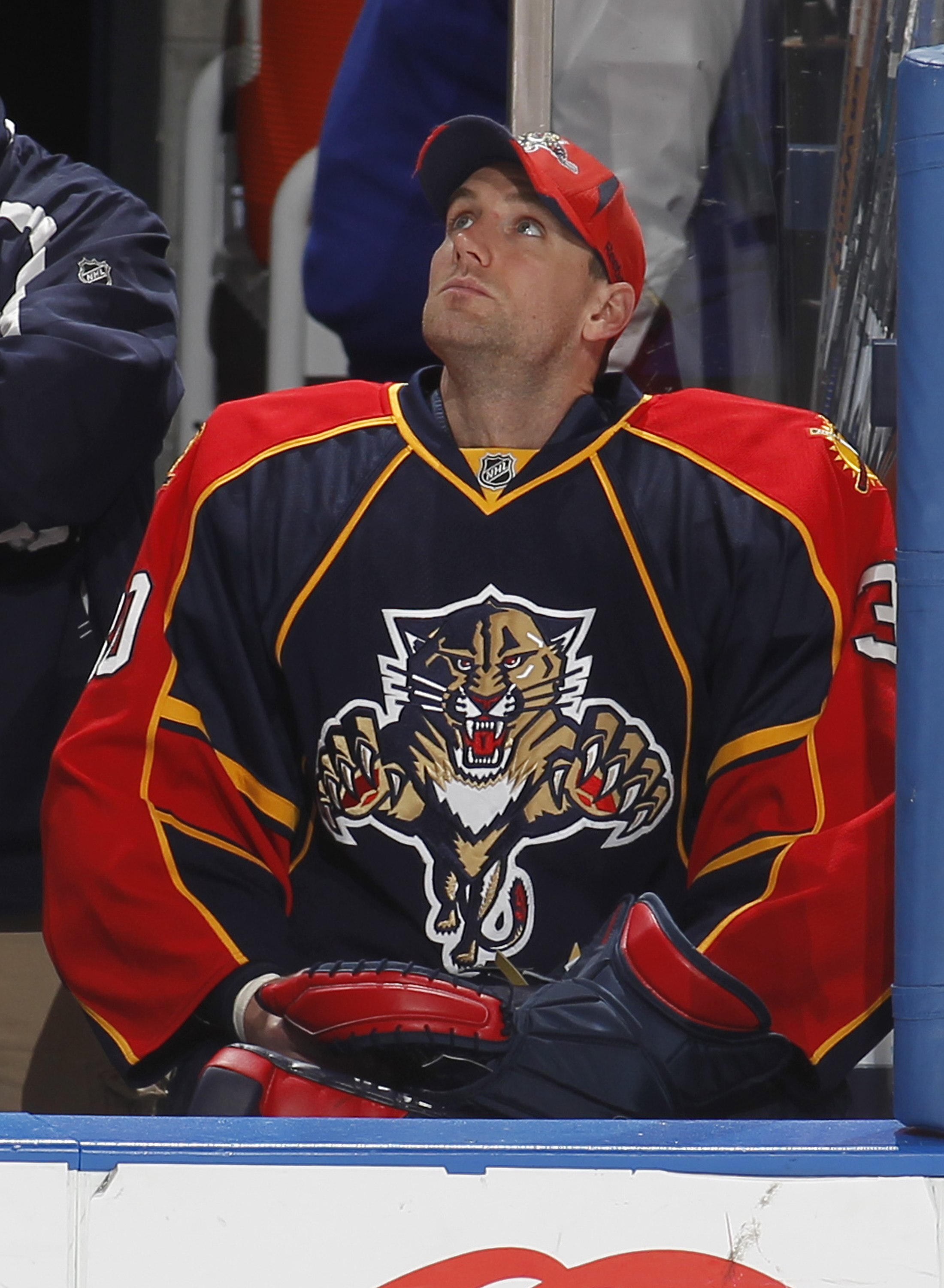 SUNRISE, FL - APRIL 6: Goaltender Scott Clemmensen #30 of the Florida Panthers watches a replay of an Ottawa Senators goal during the third period on April 6, 2010 at the BankAtlantic Center in Sunrise, Florida. The Senators defeated the Panthers 5-2. (Ph