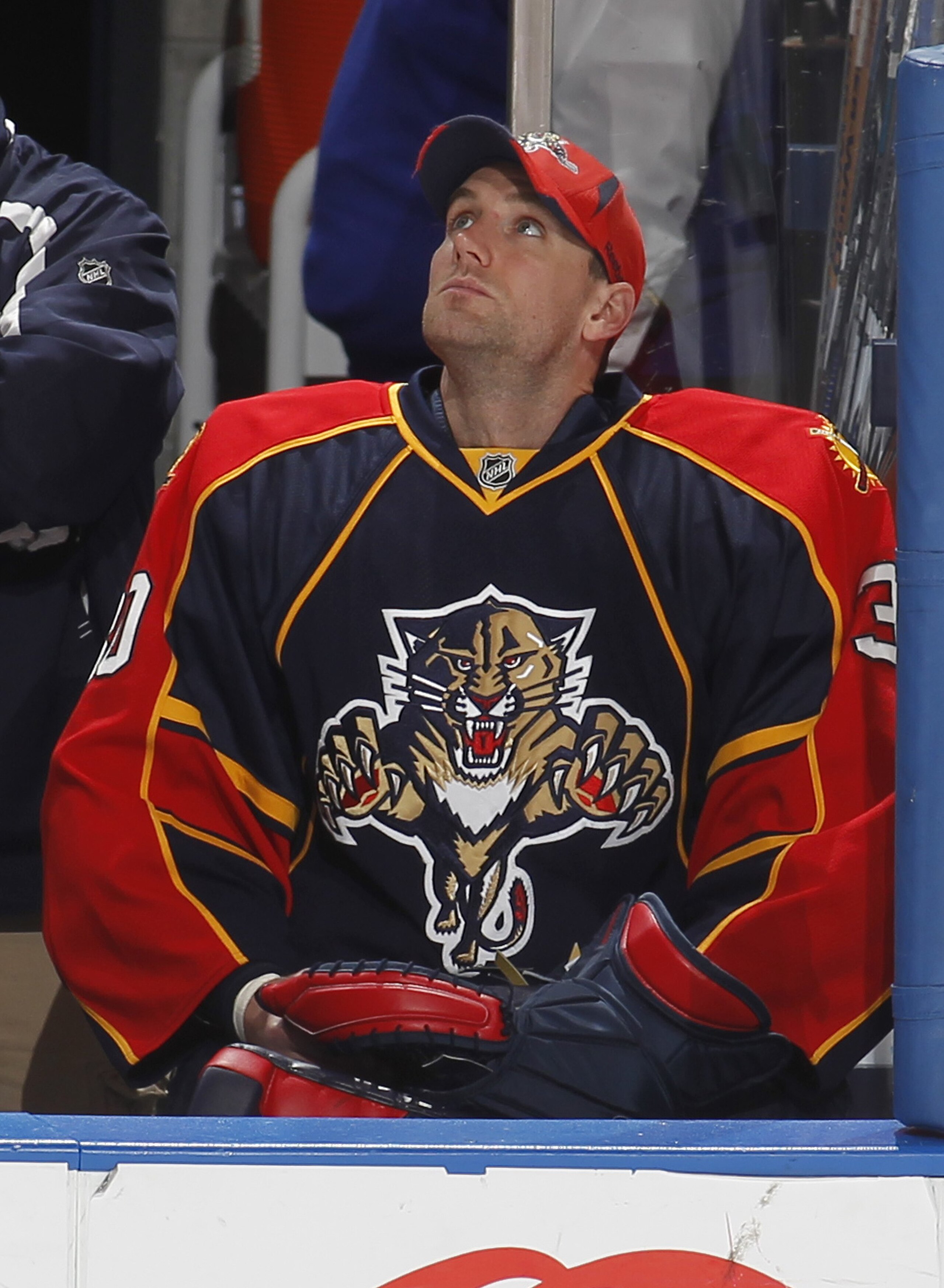 SUNRISE, FL - APRIL 6: Goaltender Scott Clemmensen #30 of the Florida Panthers watches a replay of an Ottawa Senators goal during the third period on April 6, 2010 at the BankAtlantic Center in Sunrise, Florida. The Senators defeated the Panthers 5-2. (Ph