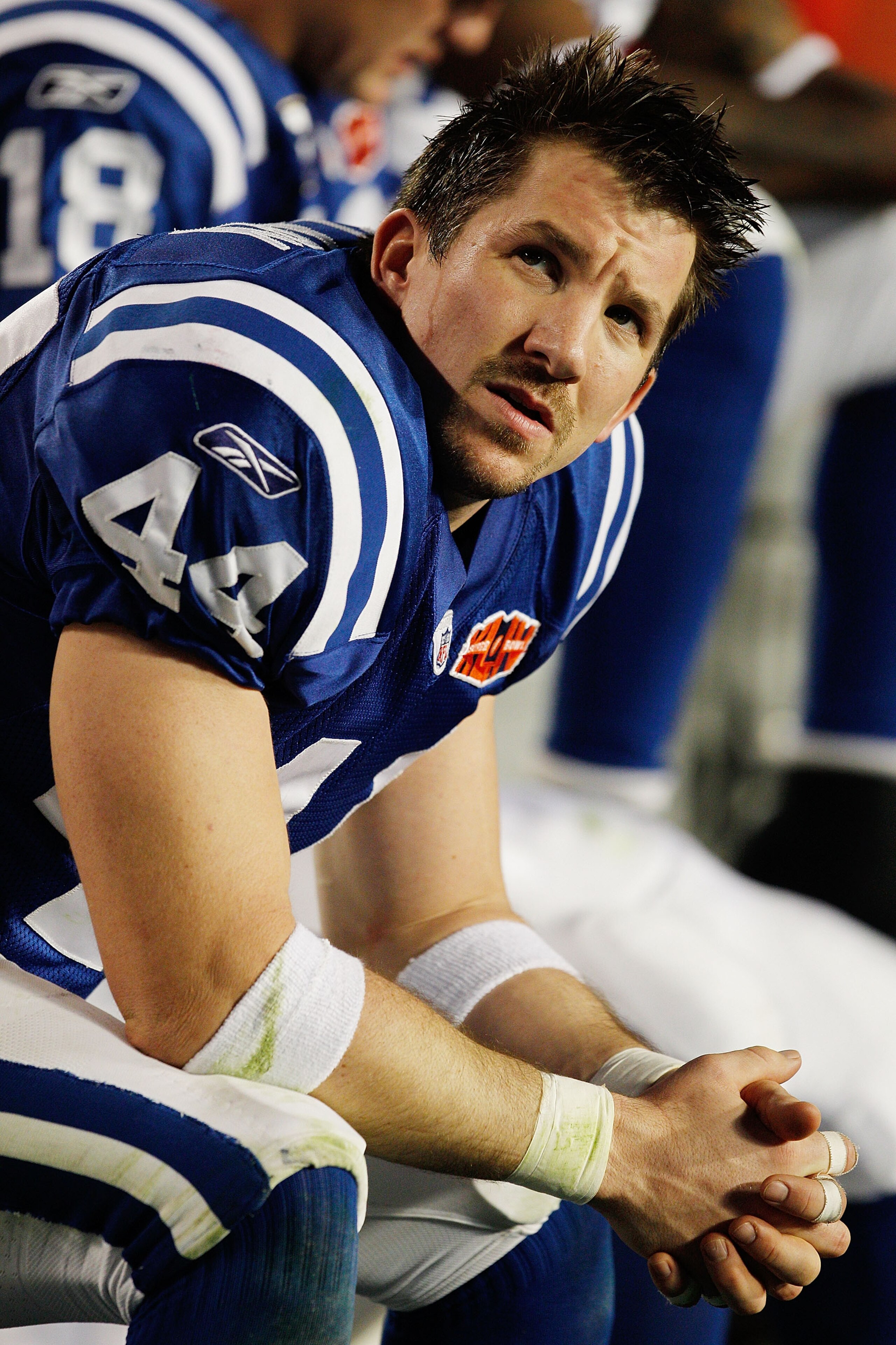 MIAMI GARDENS, FL - FEBRUARY 07: Dallas Clark #44 of the Indianapolis Colts looks on from the sidelines in the fourth quarter against the New Orleans Saints during Super Bowl XLIV on February 7, 2010 at Sun Life Stadium in Miami Gardens, Florida.  (Photo