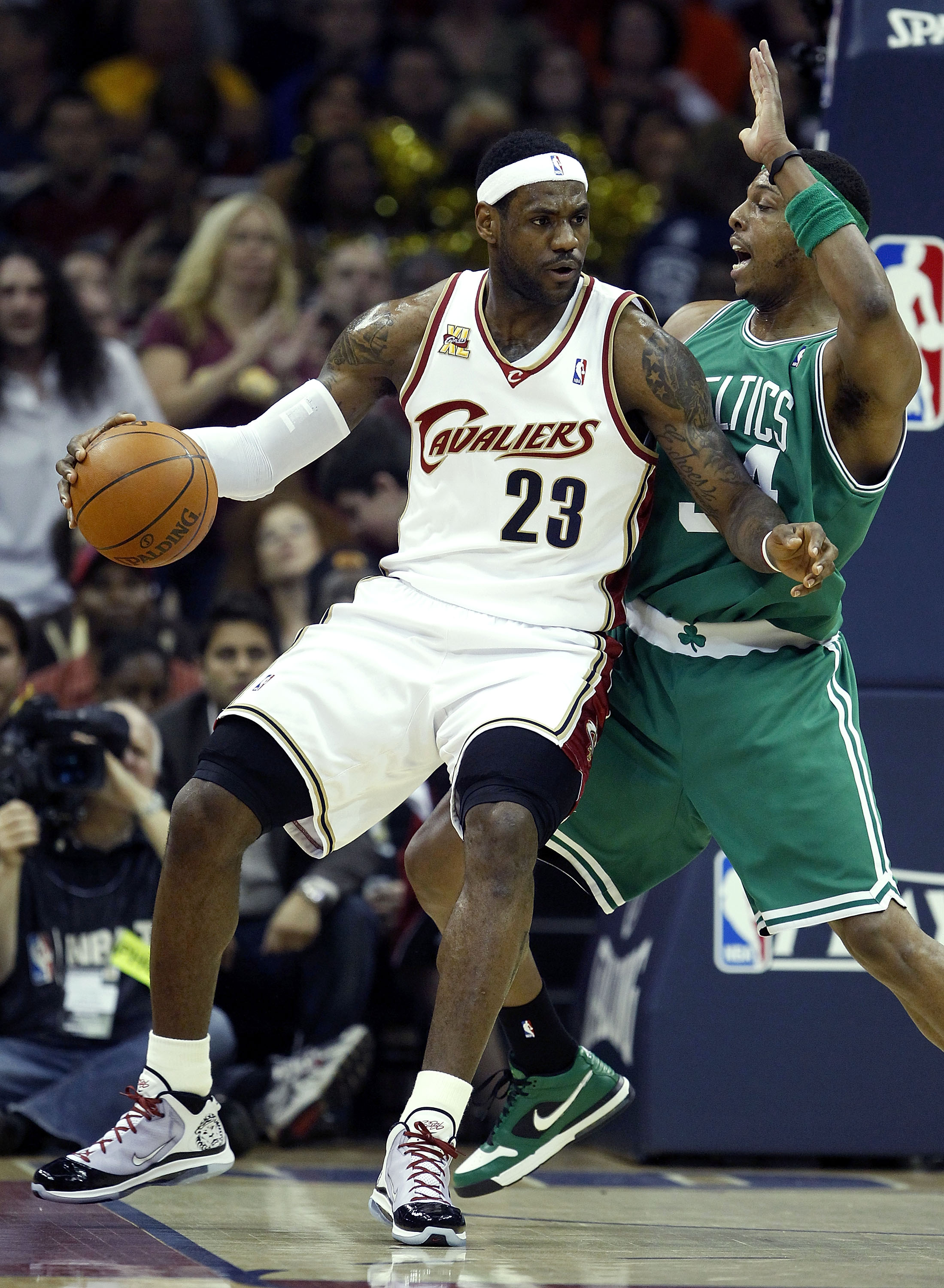 CLEVELAND - MAY 01:  LeBron James #23 of the Cleveland Cavaliers tries to get around Paul Pierce #34 of the Boston Celtics in Game One of the Eastern Conference Semifinals during the 2010 NBA Playoffs at Quicken Loans Arena on May 1, 2010 in Cleveland, Oh