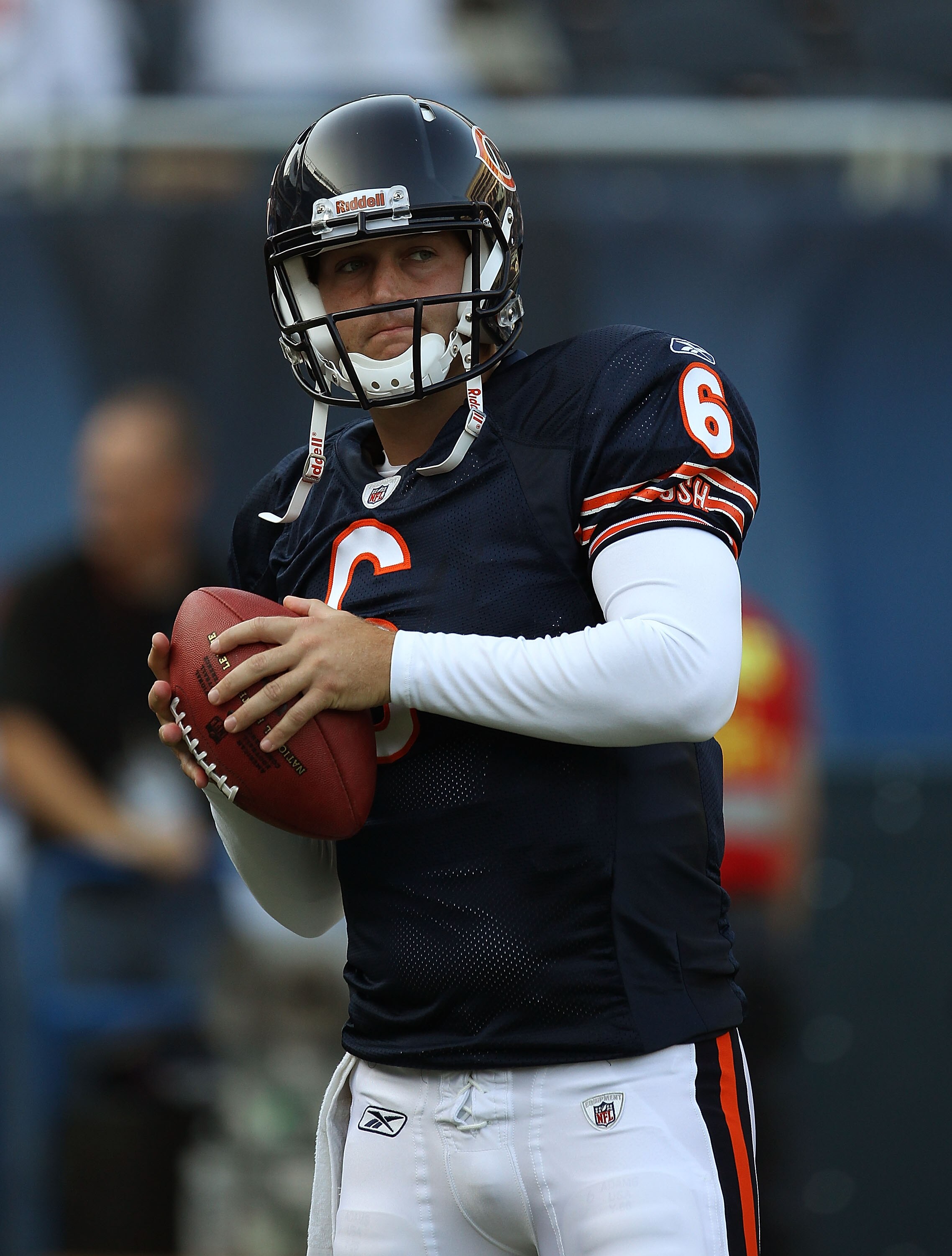 CHICAGO - AUGUST 21: Jay Cutler #6 of the Chicago Bears warms-up before a preseason game against the Oakland Raiders at Soldier Field on August 21, 2010 in Chicago, Illinois. The Raiders defeated the Bears 32-17. (Photo by Jonathan Daniel/Getty Images)