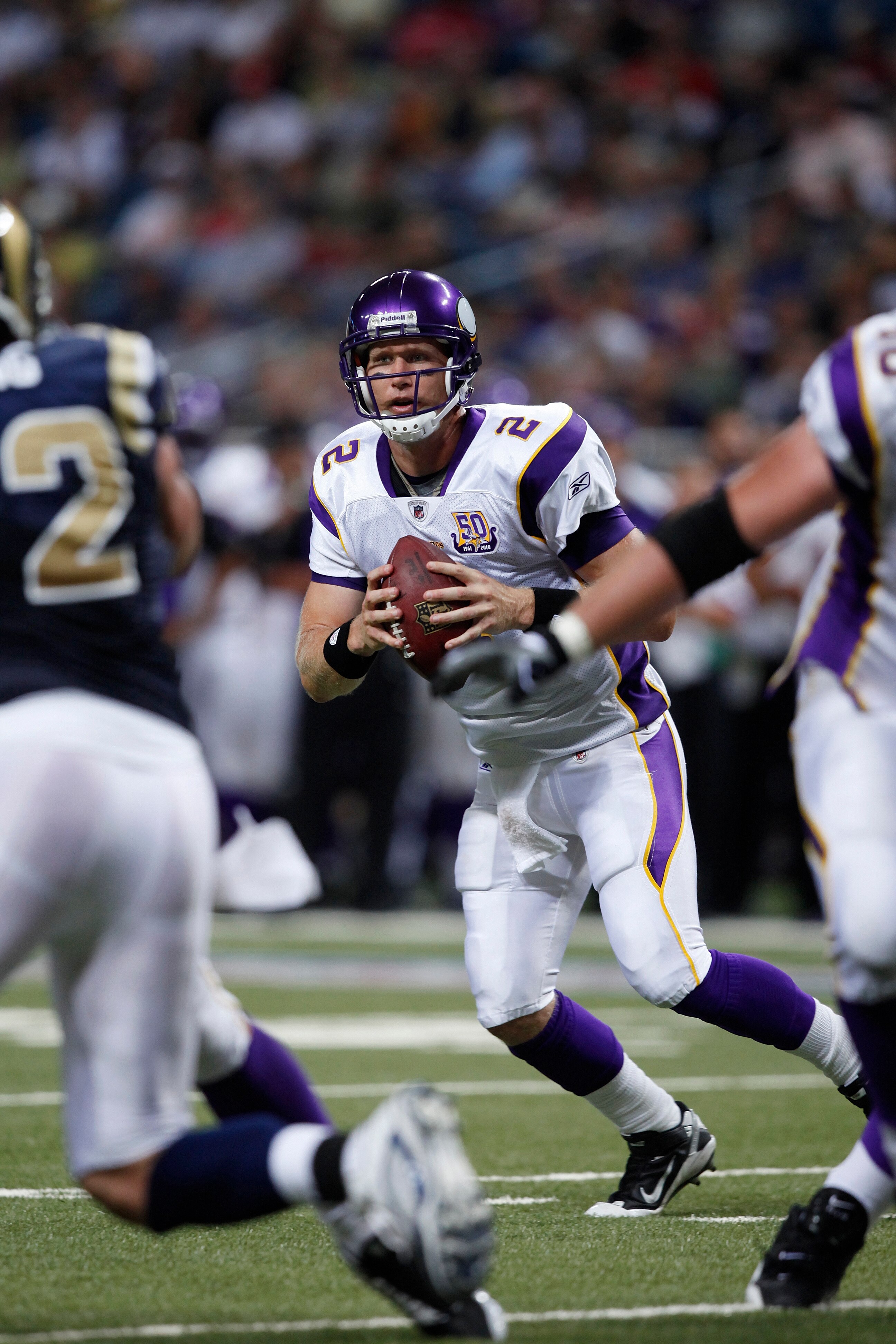 ST. LOUIS, MO - AUGUST 14: Sage Rosenfels #2 of the Minnesota Vikings looks to pass against the St. Louis Rams during the preseason game at Edward Jones Dome on August 14, 2010 in St. Louis, Missouri. The Vikings defeated the Rams 28-7. (Photo by Joe Robb