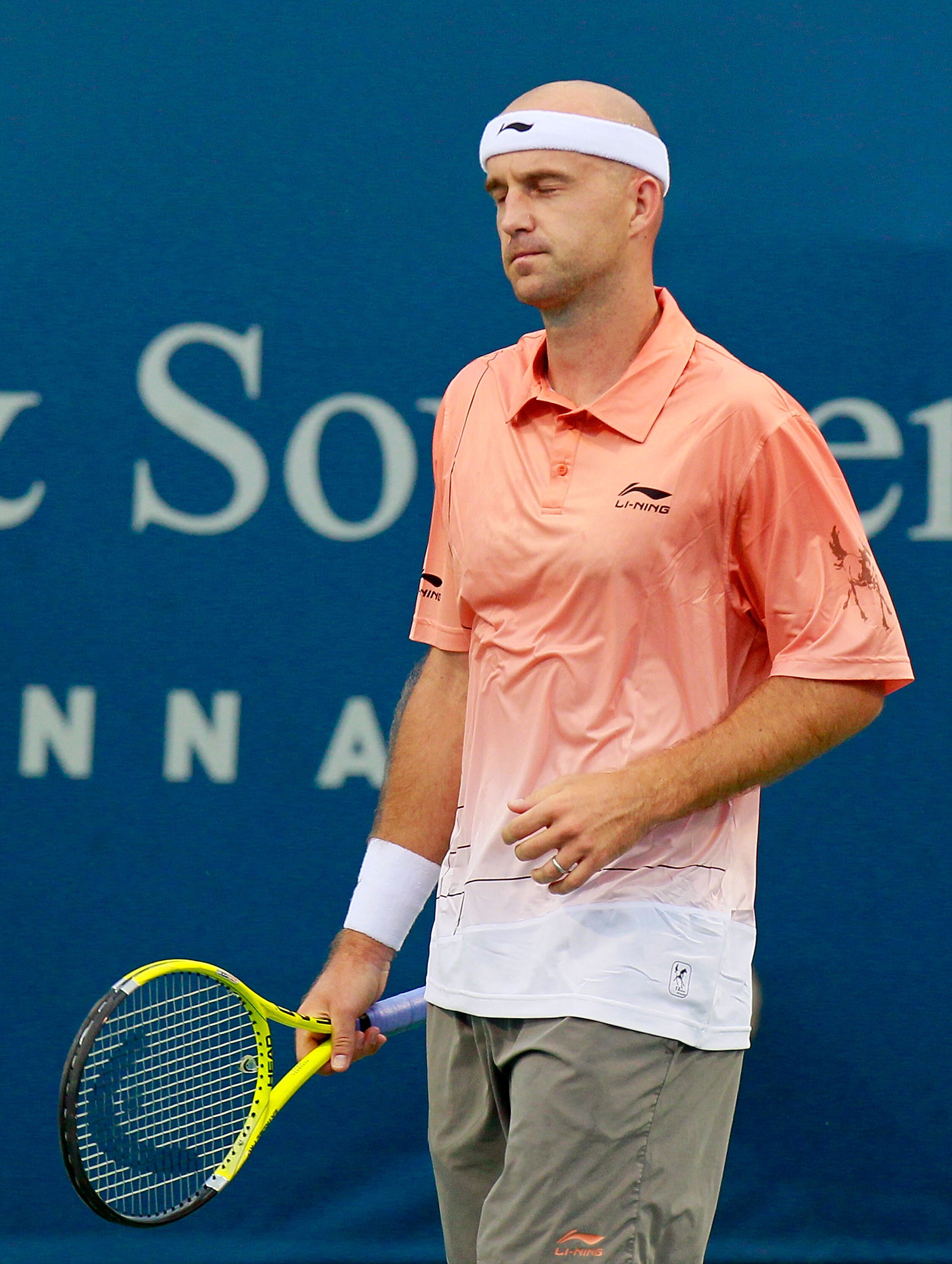 CINCINNATI - AUGUST 17:  Ivan Ljubicic of Croatia reacts after losing a point to David Nalbandian of Argentina  during Day 2 of the Western & Southern Financial Group Masters at the Lindner Family Tennis Center on August 17, 2010 in Cincinnati, Ohio.  (Ph