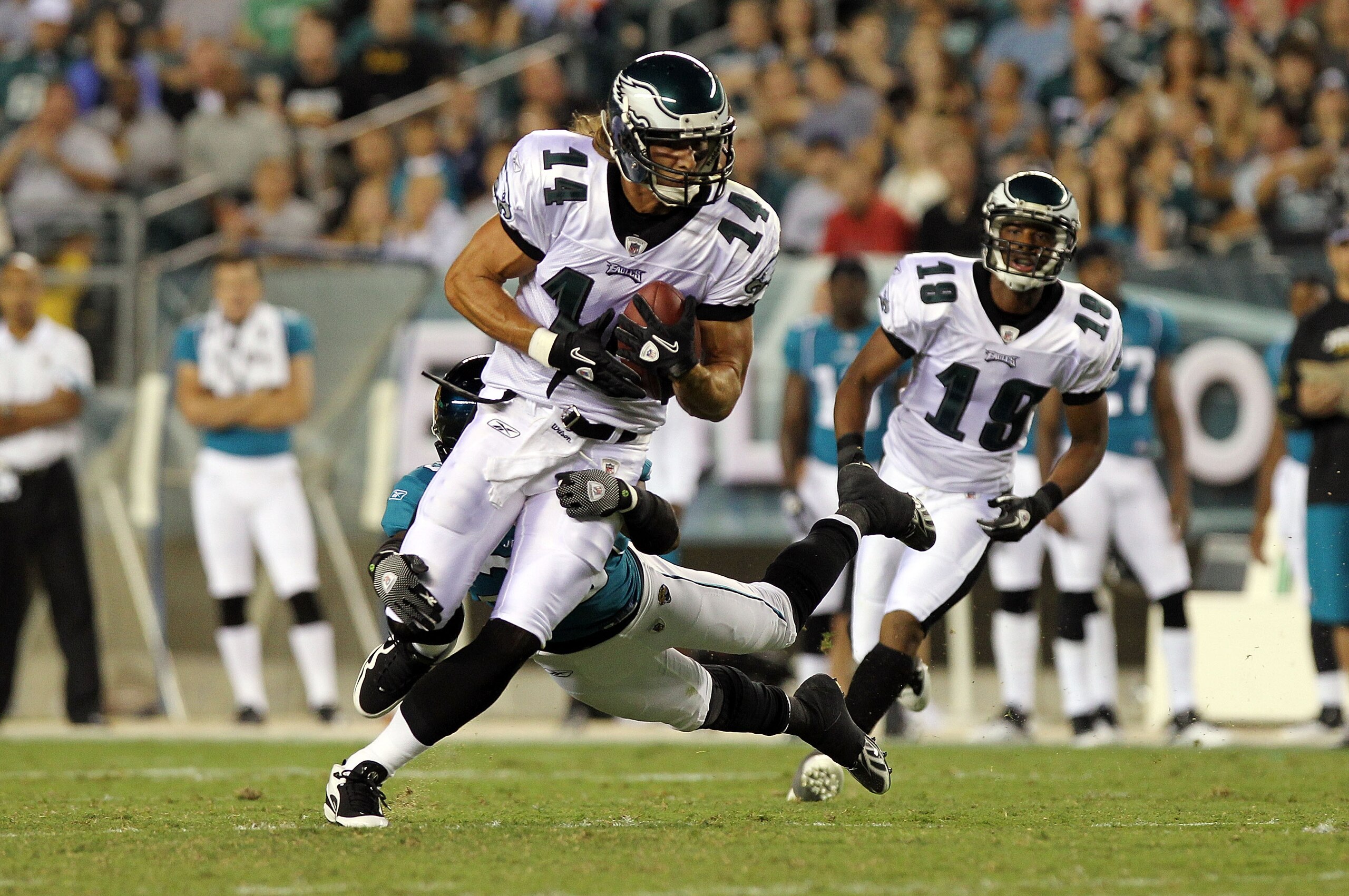 PHILADELPHIA - AUGUST 13: Riley Cooper #14 of the Philadelphia Eagles is tackled by William Middleton #29 of the Jacksonville Jaguars during their preseason game at Lincoln Financial Field on August 13, 2010 in Philadelphia, Pennsylvania. (Photo by Nick PHILADELPHIA - AUGUST 13: Riley Cooper #14 of the Philadelphia Eagles is tackled by William Middleton #29 of the Jacksonville Jaguars during their preseason game at Lincoln Financial Field on August 13, 2010 in Philadelphia, Pennsylvania. (Photo by Nick
