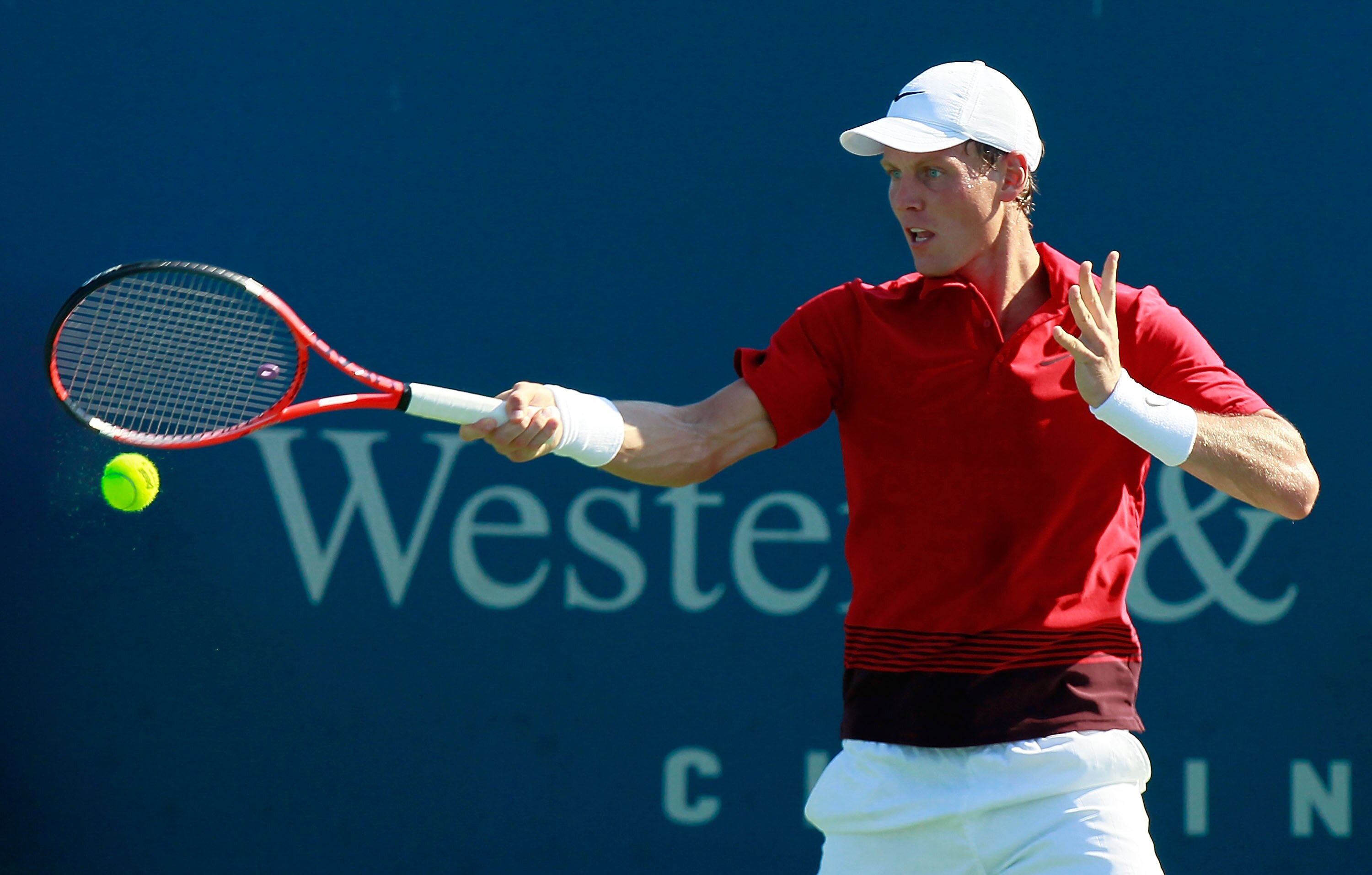 CINCINNATI - AUGUST 19:  Tomas Berdych of the Czech Republic returns a forehand to Marcos Baghdatis of Cyprus during Day 4 of the Western & Southern Financial Group Masters at the Lindner Family Tennis Center on August 19, 2010 in Cincinnati, Ohio.  (Phot