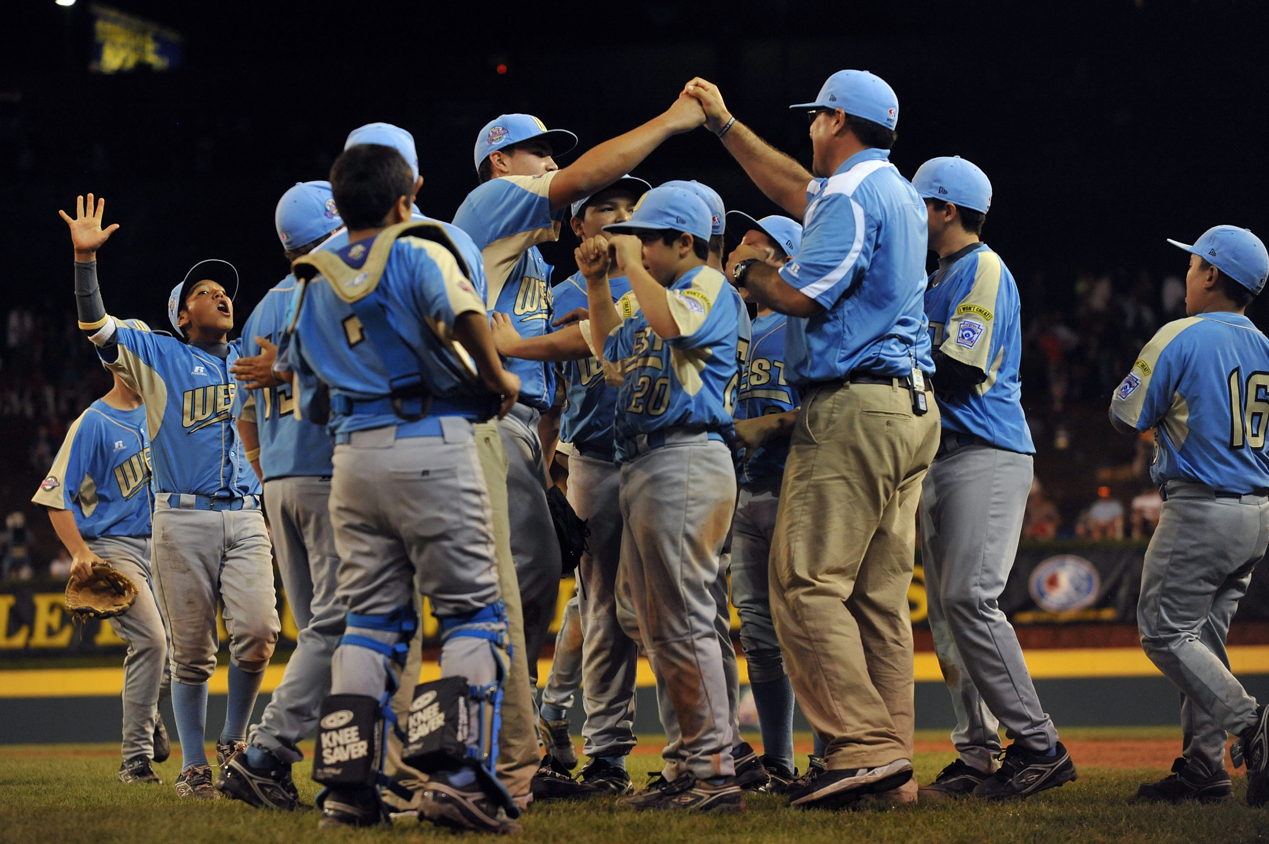 WILLIAMSPORT, PA - AUGUST 29: The West (California) celebrates their win against the Southwest (Texas) in the US final at Lamade Stadium on August 29, 2009 in Williamsport, Pennsylvania. California defeated Texas 12-2 in four innings. (Photo by Larry Fren