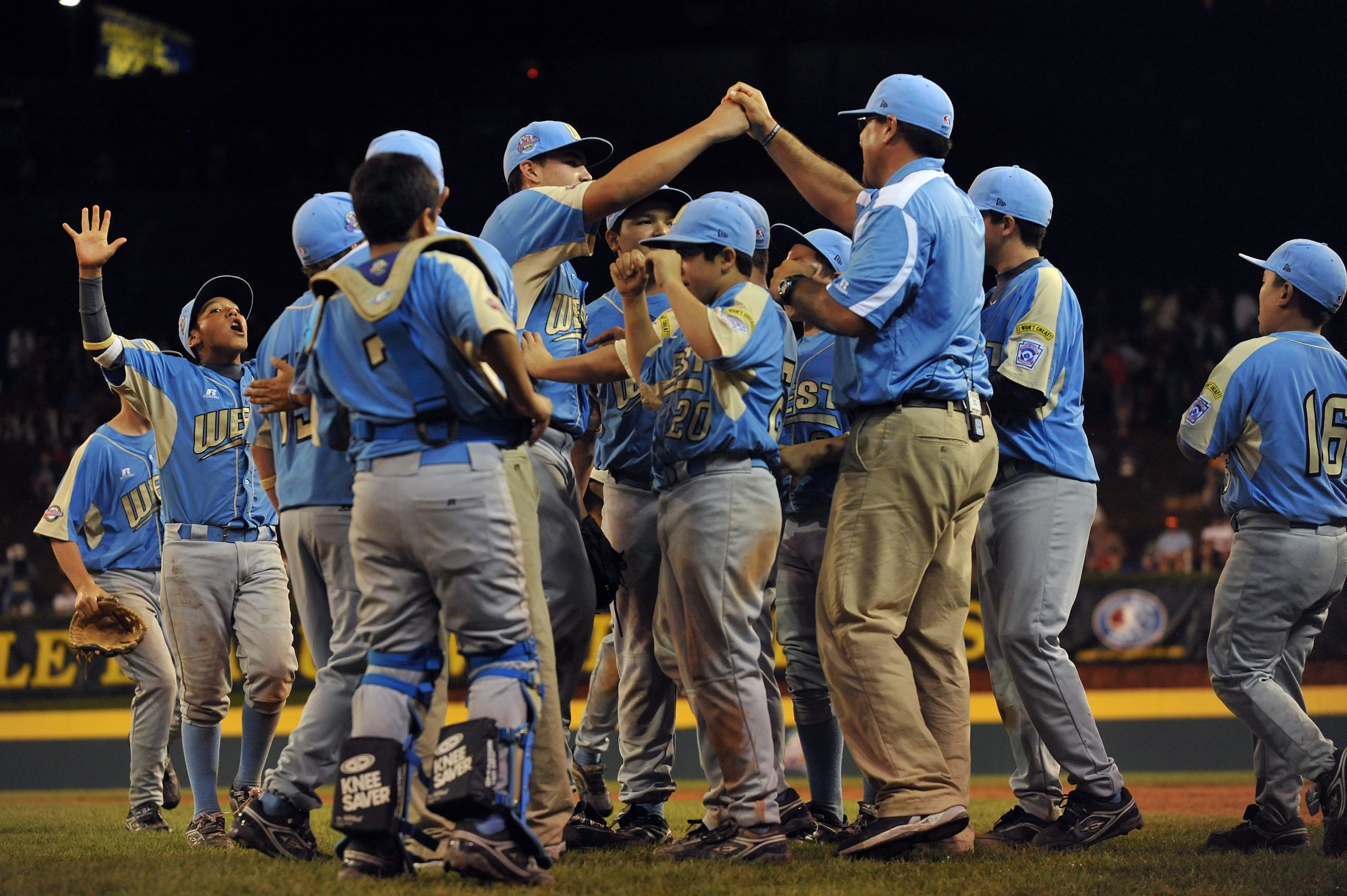 WILLIAMSPORT, PA - AUGUST 29: The West (California) celebrates their win against the Southwest (Texas) in the US final at Lamade Stadium on August 29, 2009 in Williamsport, Pennsylvania. California defeated Texas 12-2 in four innings. (Photo by Larry Fren