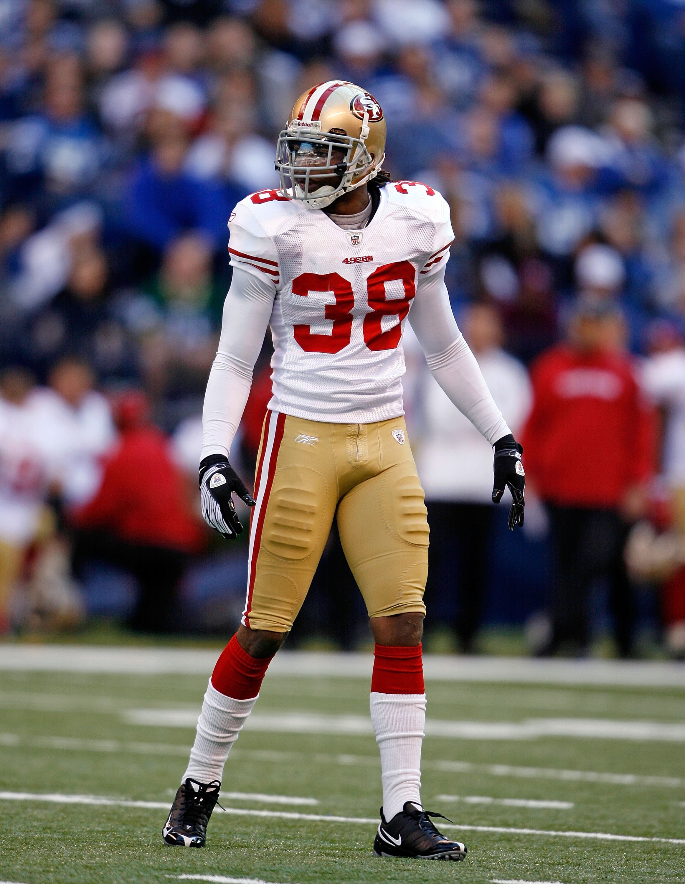INDIANAPOLIS - NOVEMBER 01:  Dashon Goldson #38 of the San Francisco 49ers gets ready on the field during the NFL game against  the Indianapolis Colts  at Lucas Oil Stadium on November 1, 2009 in Indianapolis, Indiana. The Colts won 18-14.  (Photo by Andy