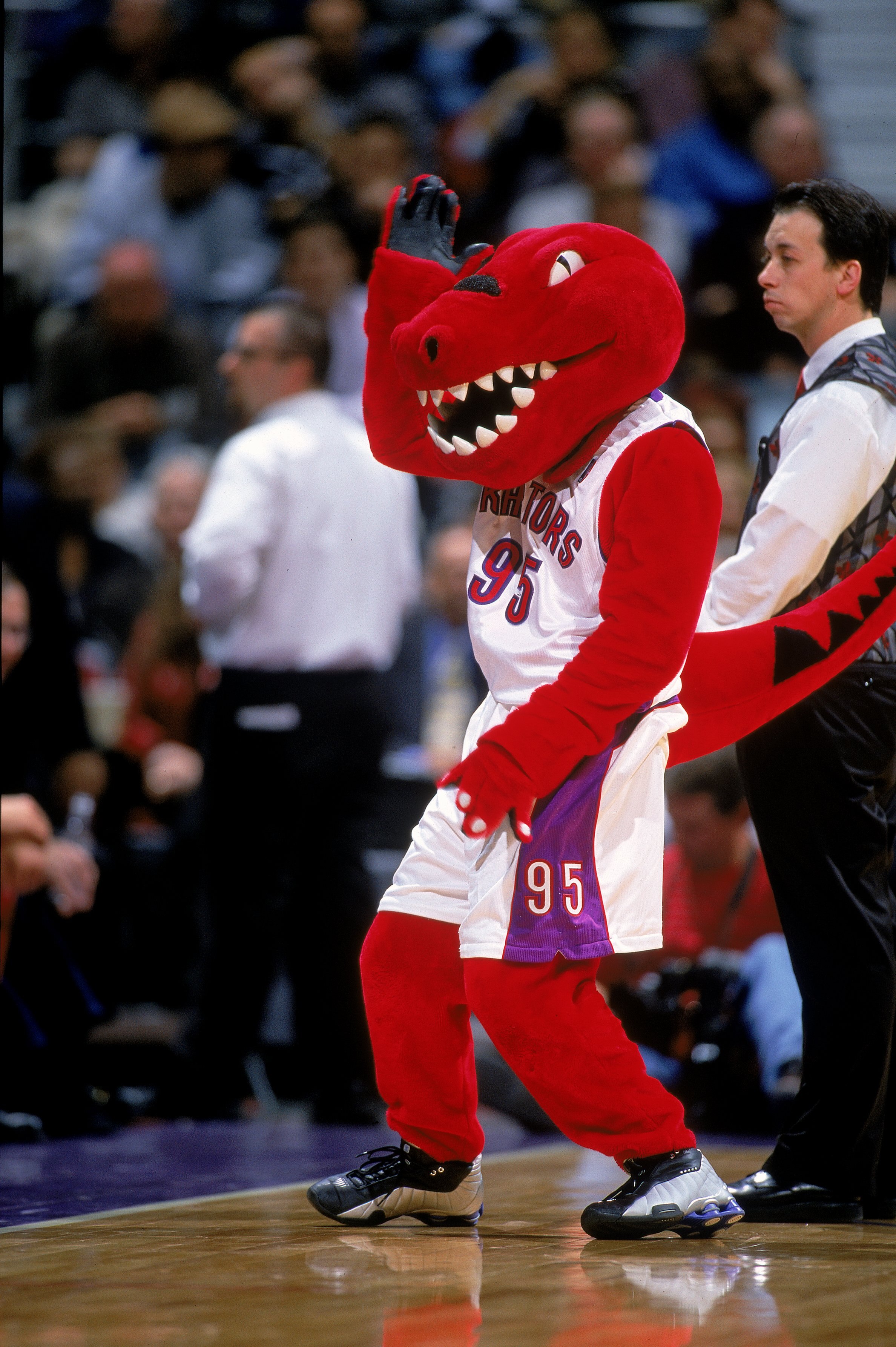 20 Nov 2000: A view of the Toronto Raptors mascot as he walks on the court during the game against the Charlotte Hornets at the Air Canada Centre in Toronto, Ontario, Canada. The Hornets defeated the Raptors 100-64.  NOTE TO USER: It is expressly understo
