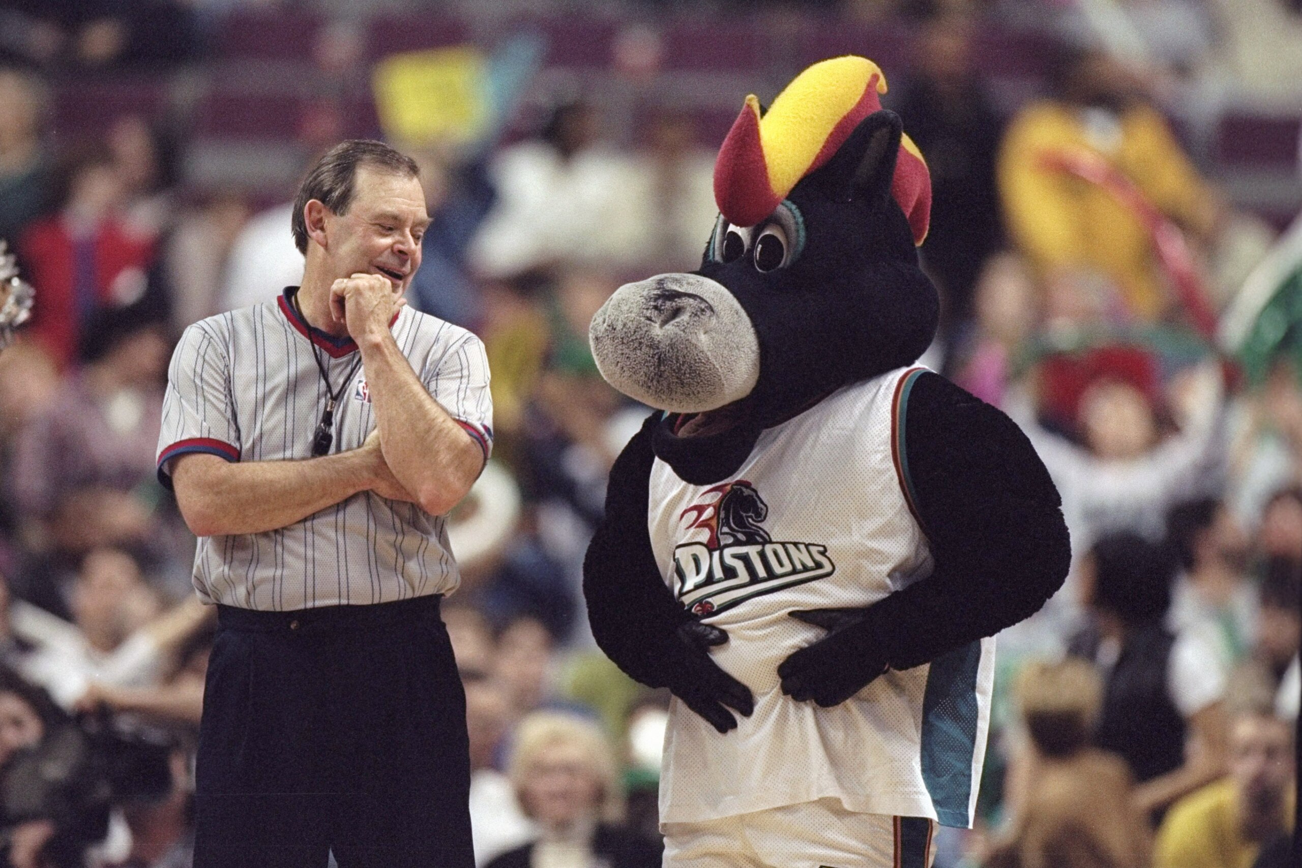 30 Jan 1998: The Detroit Pistons mascot confers with an official during a game against the Washington Wizards at The Palace in Detroit, Michigan. The Wizards won the game, 102-95. Mandatory Credit: Brian Bahr /Allsport 30 Jan 1998: The Detroit Pistons mascot confers with an official during a game against the Washington Wizards at The Palace in Detroit, Michigan. The Wizards won the game, 102-95. Mandatory Credit: Brian Bahr /Allsport