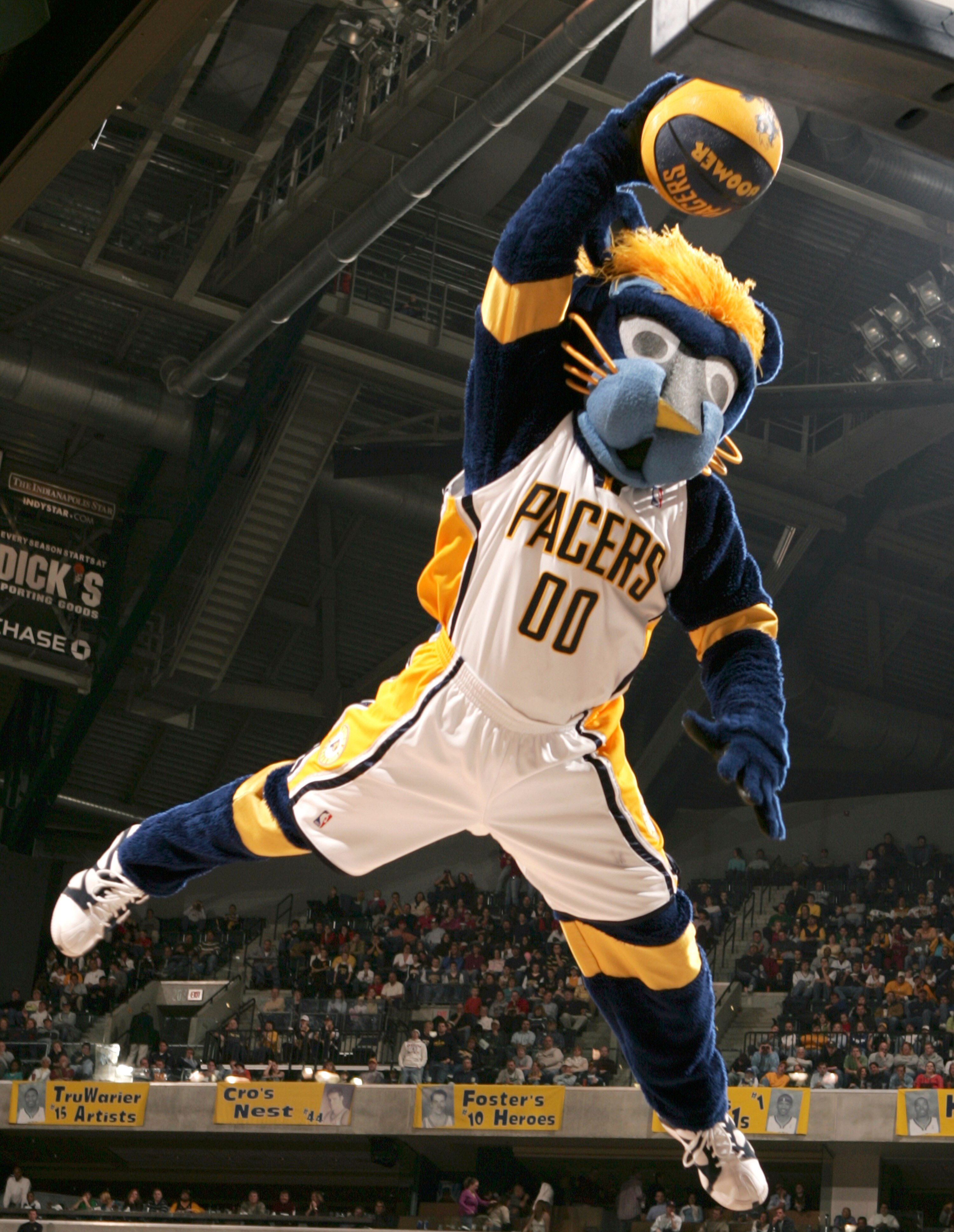 INDIANAPOLIS - DECEMBER 30:  Mascot 'Boomer' of the Indiana Pacers performs during a timeout in the NBA game against the Toronto Raptors on December 30, 2005 at Conseco Fieldhouse in Indianapolis, Indiana. The Raptors won 99-97.  NOTE TO USER: User expres