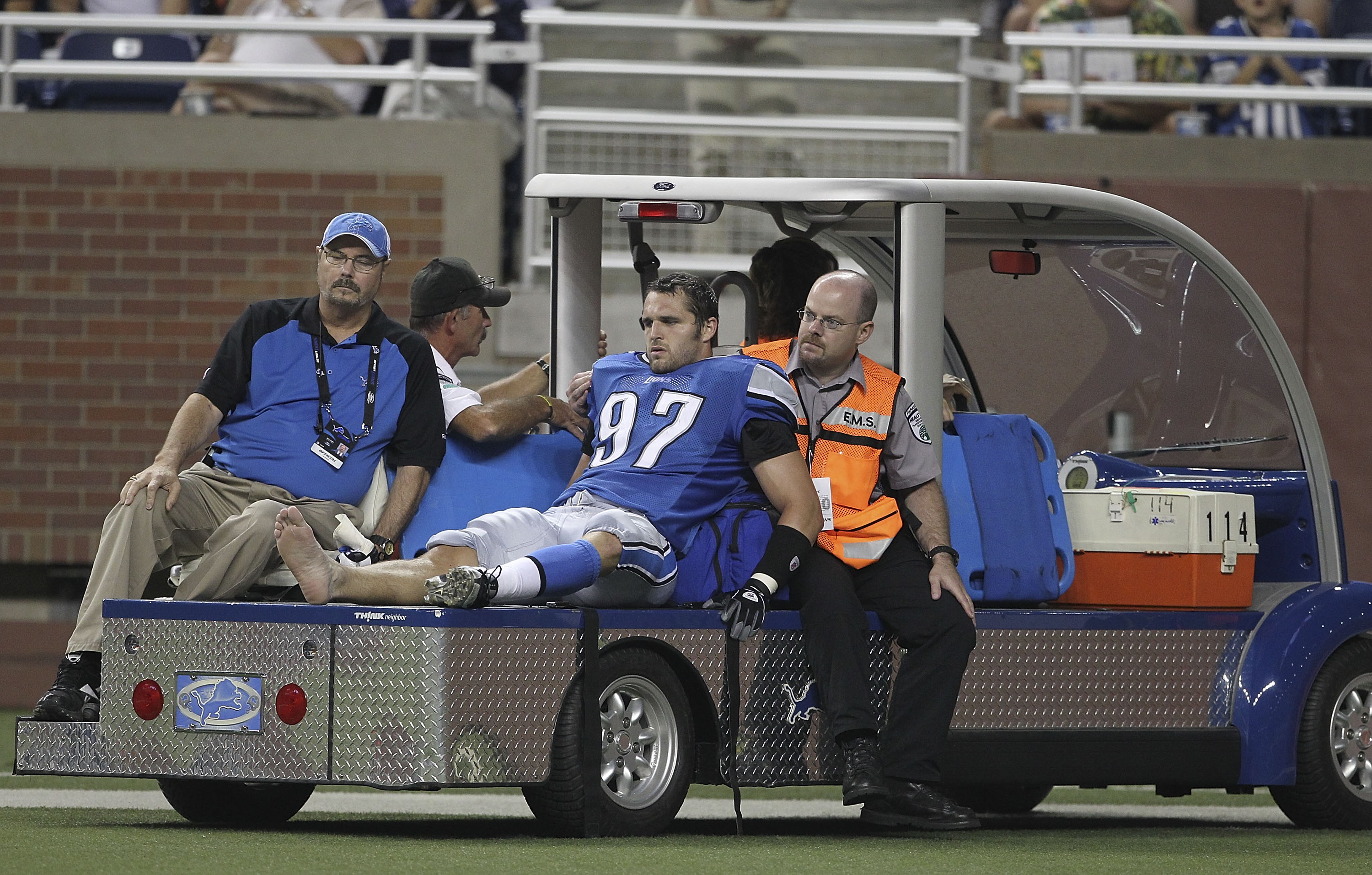 DETROIT - SEPTEMBER 02: Korey Bosworth #97 of the Detroit Lions leaves the field after a fourth quarter injury during the preseason game against the Buffalo Bills at Ford Field on September 2, 2010 in Detroit, Michigan. The Lions defeated the Bills 28-23.