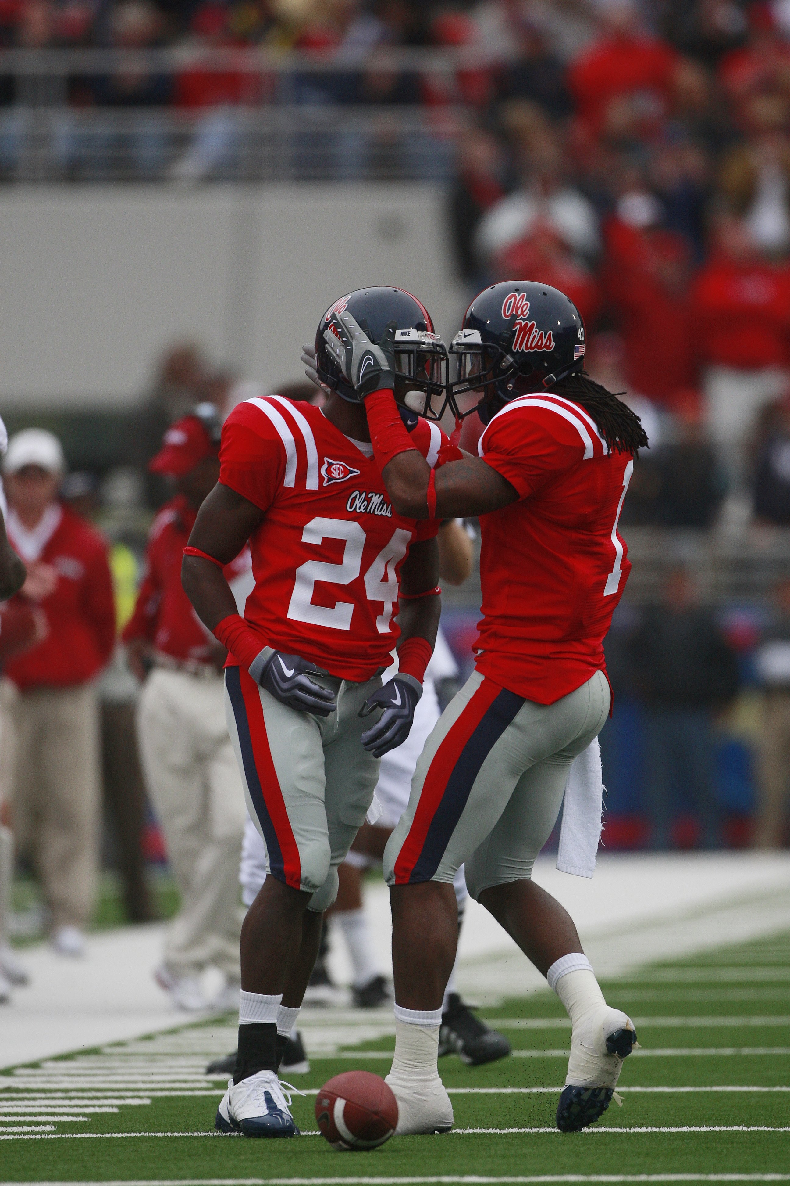 OXFORD, MS - OCTOBER 10:  Defenders Kendrick Lewis #1 and Cassius Vaughn #24 of the Mississippi Rebels react during their  game against the Alabama Crimson Tide at Vaught-Hemingway Stadium on October 10, 2009 in Oxford, Mississippi. (Photo by Dave Martin/