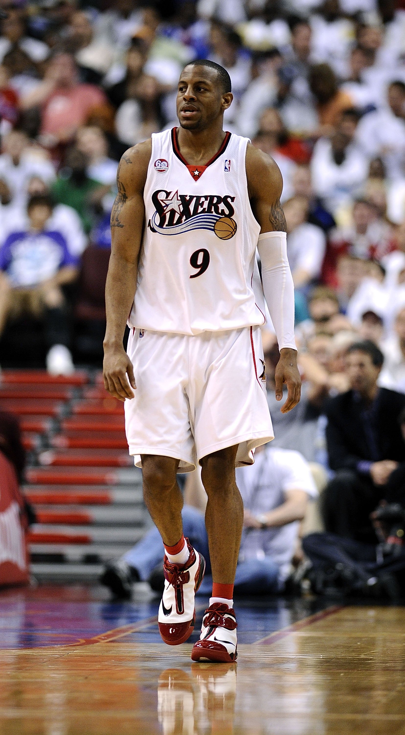 PHILADELPHIA - APRIL 24:  Andre Iguodala #9 of the Philadelphia 76ers walks up court during Game Three of the Eastern Conference Quarterfinals during the 2009 NBA Playoffs against the Orlando Magic at the Wachovia Center on April 24, 2009 in Philadelphia,