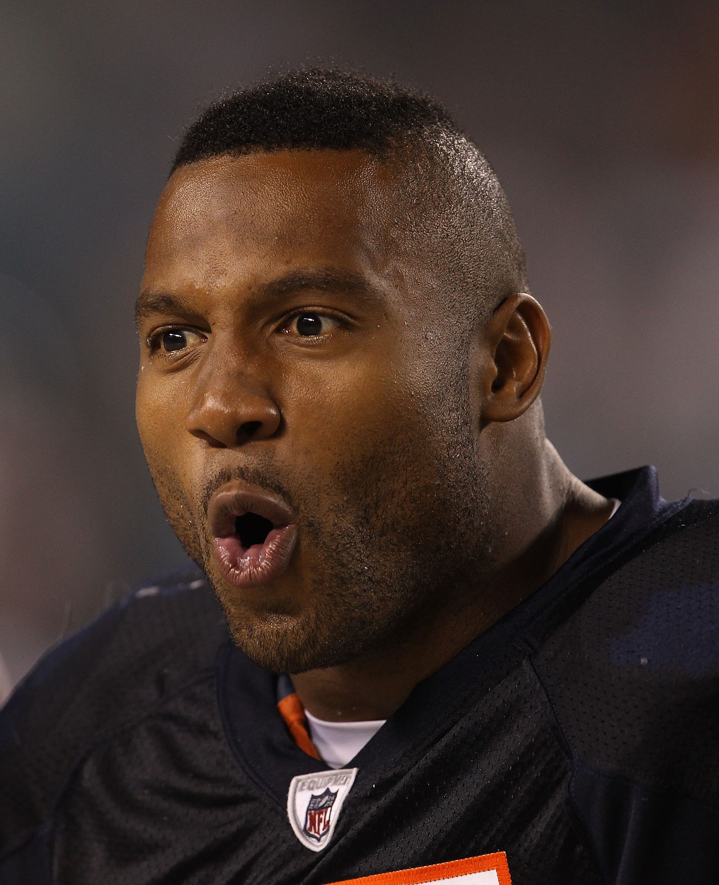 CHICAGO - AUGUST 21: Lance Briggs #55 of the Chicago Bears talks to teammates on the sidelines during a preseason game against the Oakland Raiders at Soldier Field on August 21, 2010 in Chicago, Illinois. The Raiders defeated the Bears 32-17. (Photo by Jo