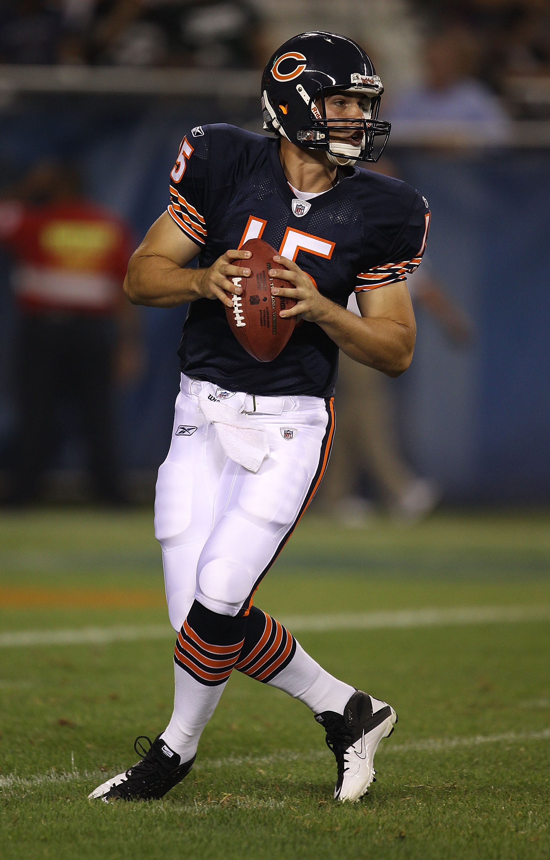 CHICAGO - AUGUST 21: Dan LeFevour #15 of the Chicago Bears looks for a receiver against the Oakland Raiders during a preseason game at Soldier Field on August 21, 2010 in Chicago, Illinois. The Raiders defeated the Bears 32-17. (Photo by Jonathan Daniel/G