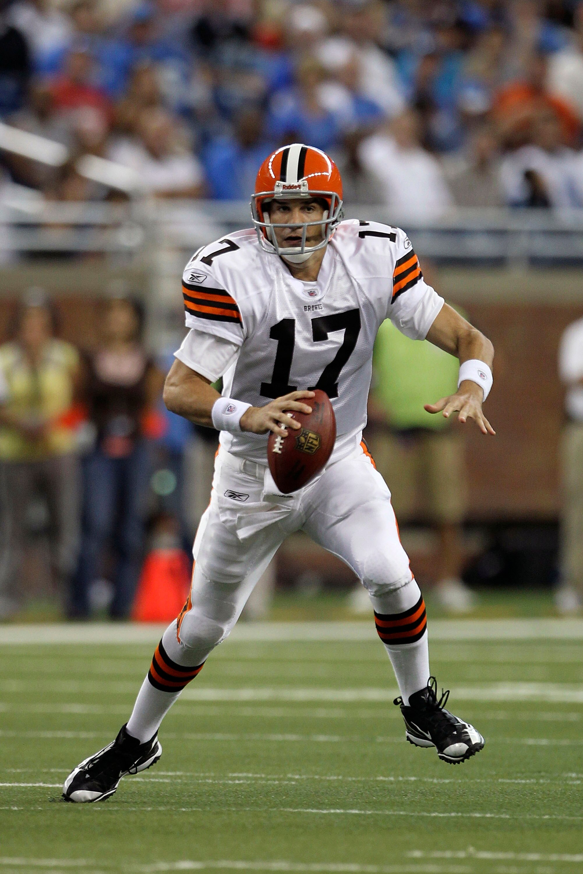 DETROIT - AUGUST 28:  Jake Delhomme #17 of the Cleveland Browns rolls out and throws a pass during the second quarter of the preseason game against the Detroit Lions at Ford Field on August 28, 2010 in Detroit, Michigan. The Lions defeated the Browns 35-2