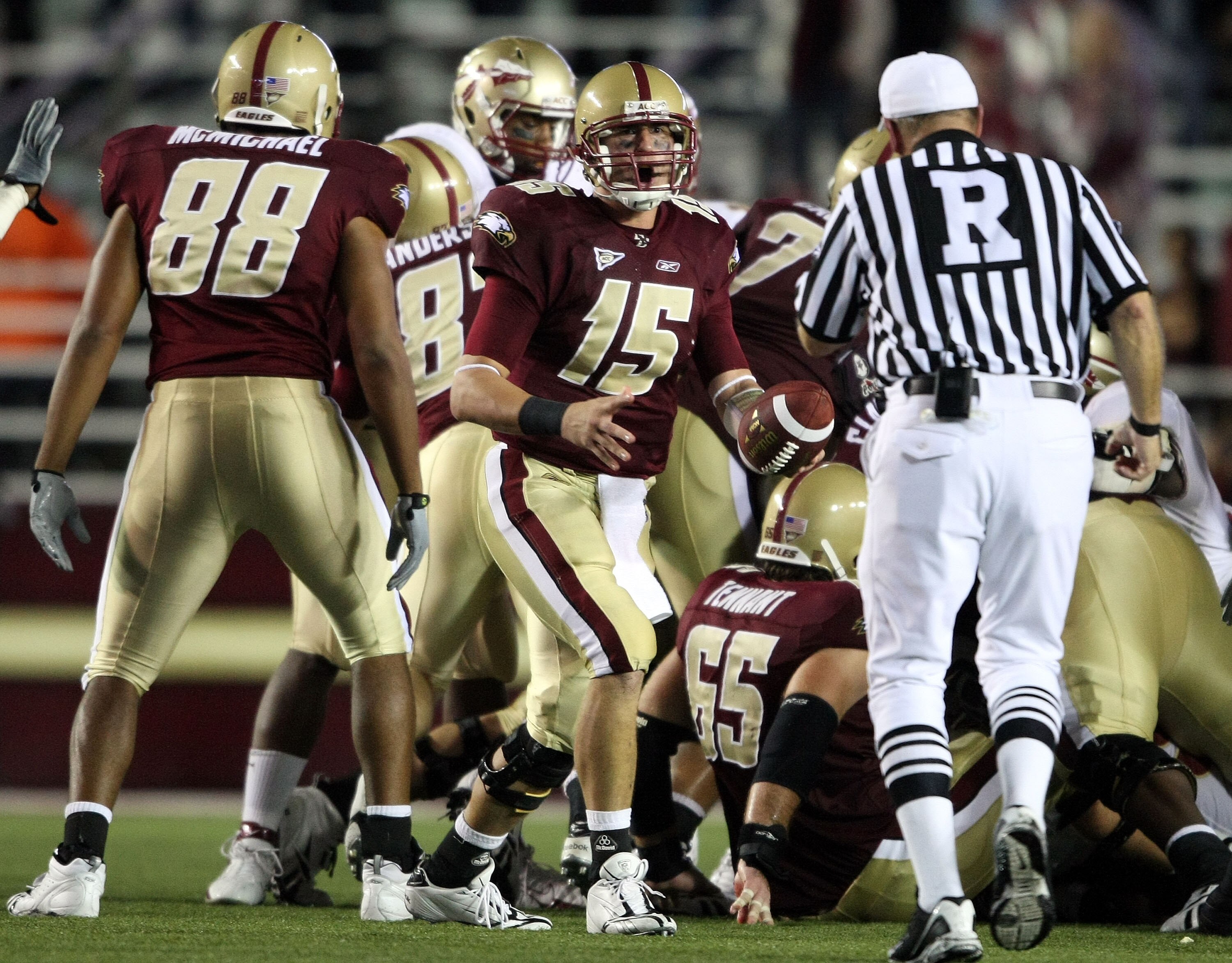 CHESTNUT HILL, MA - OCTOBER 03:  Dave Shinskie #15 and Jordon McMichael #88 of the Boston College Eagles celebrate the win as the referee signals the end of the game against the Florida State Seminoles on October 3, 2009 at Alumni Stadium in Chestnut Hill