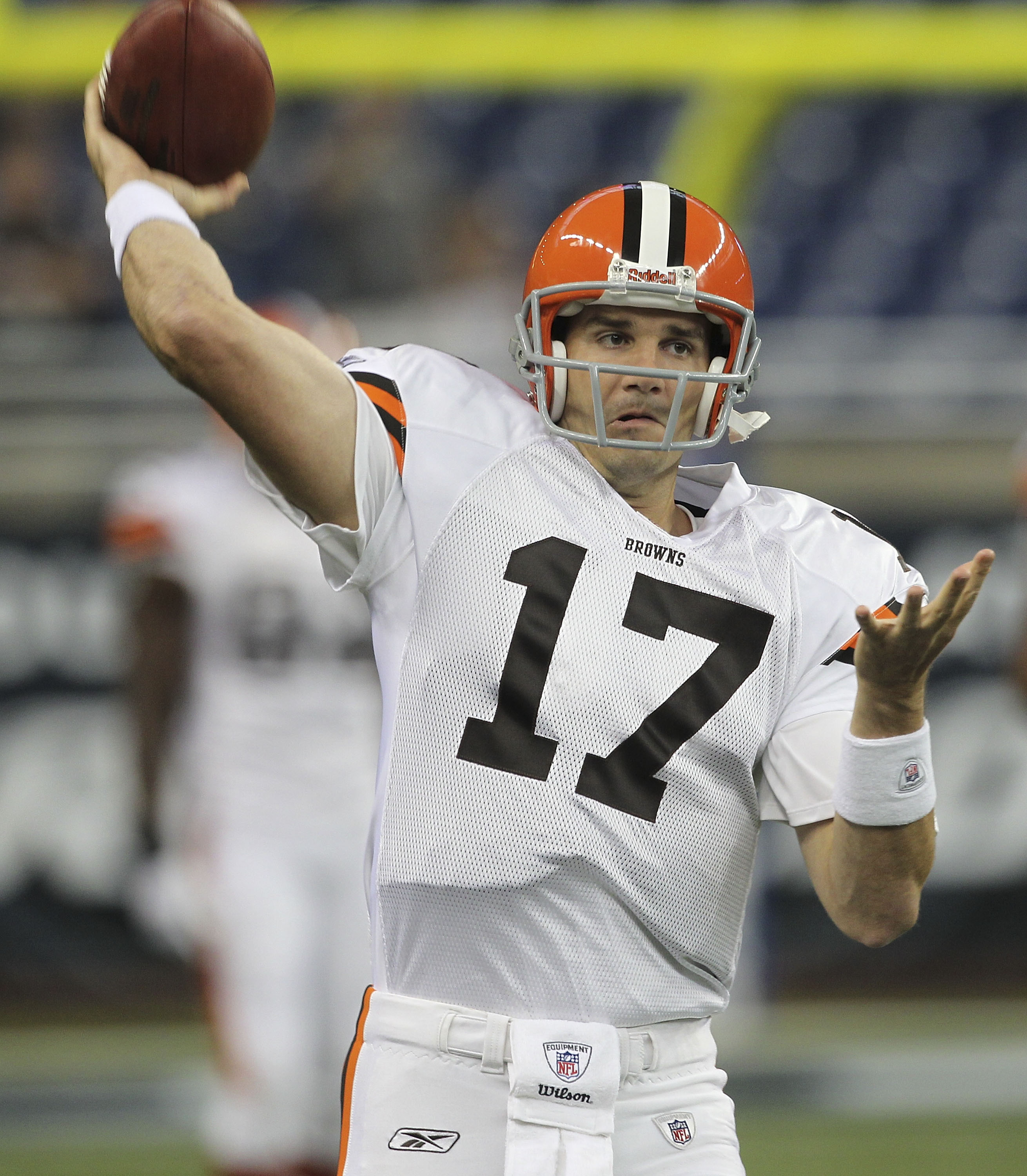 DETROIT - AUGUST 28: Jake Delhomme #17 of the Cleveland Browns warms up prior to the start of the preseason game against the Detroit Lions at Ford Field on August 28, 2010 in Detroit, Michigan. (Photo by Leon Halip/Getty Images)