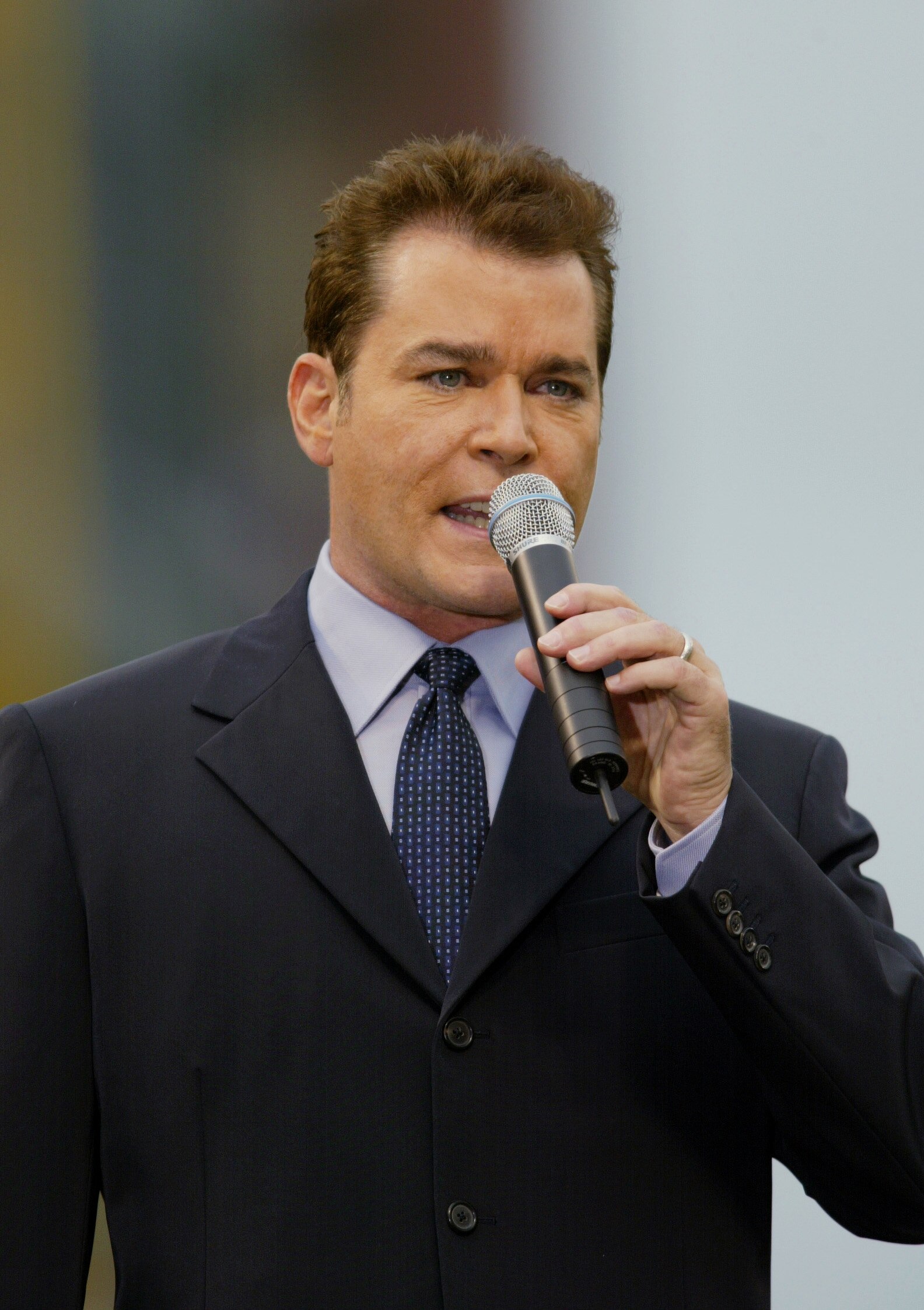 SAN FRANCISCO - OCTOBER 23:  Actor Ray Liotta announces for the MLB Ten Most Memorable Moments ceremony before the start of game four of the World Series between the San Francisco Giants and the Anaheim Angels on October 23, 2002 at Pacific Bell Park in S