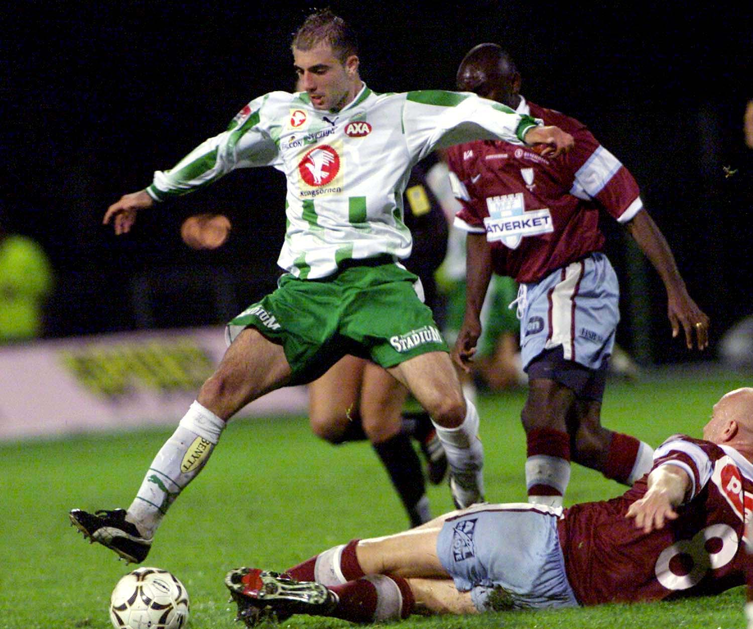 1 Sep 2001:  Hammarby's Kennedy Bakircioglu in action while Malmo's Peter Sorensen lies on the ground during the Swedish League soccer match played between Hammarby and Malmo the game ended 4-1. Hammarby lead the Swedish League. DIGITAL IMAGE.  MandatoryC