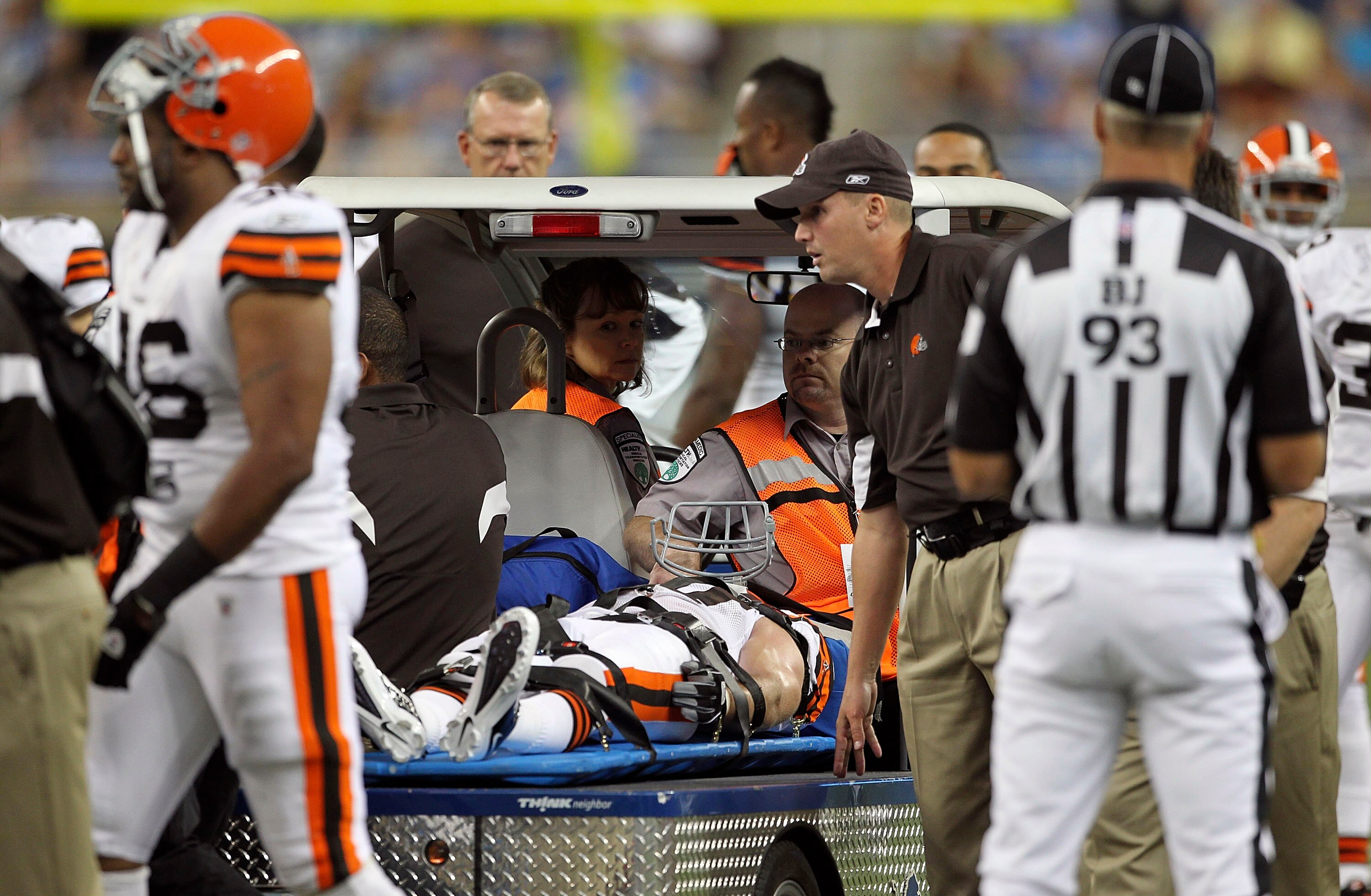 DETROIT - AUGUST 28:  Nick Sorensen #27 of the Cleveland Browns leaves the field on a stretcher after an injury during the second quarter of a preseason game against the Detroit Lions at Ford Field on August 28, 2010 in Detroit, Michigan.  (Photo by Leon