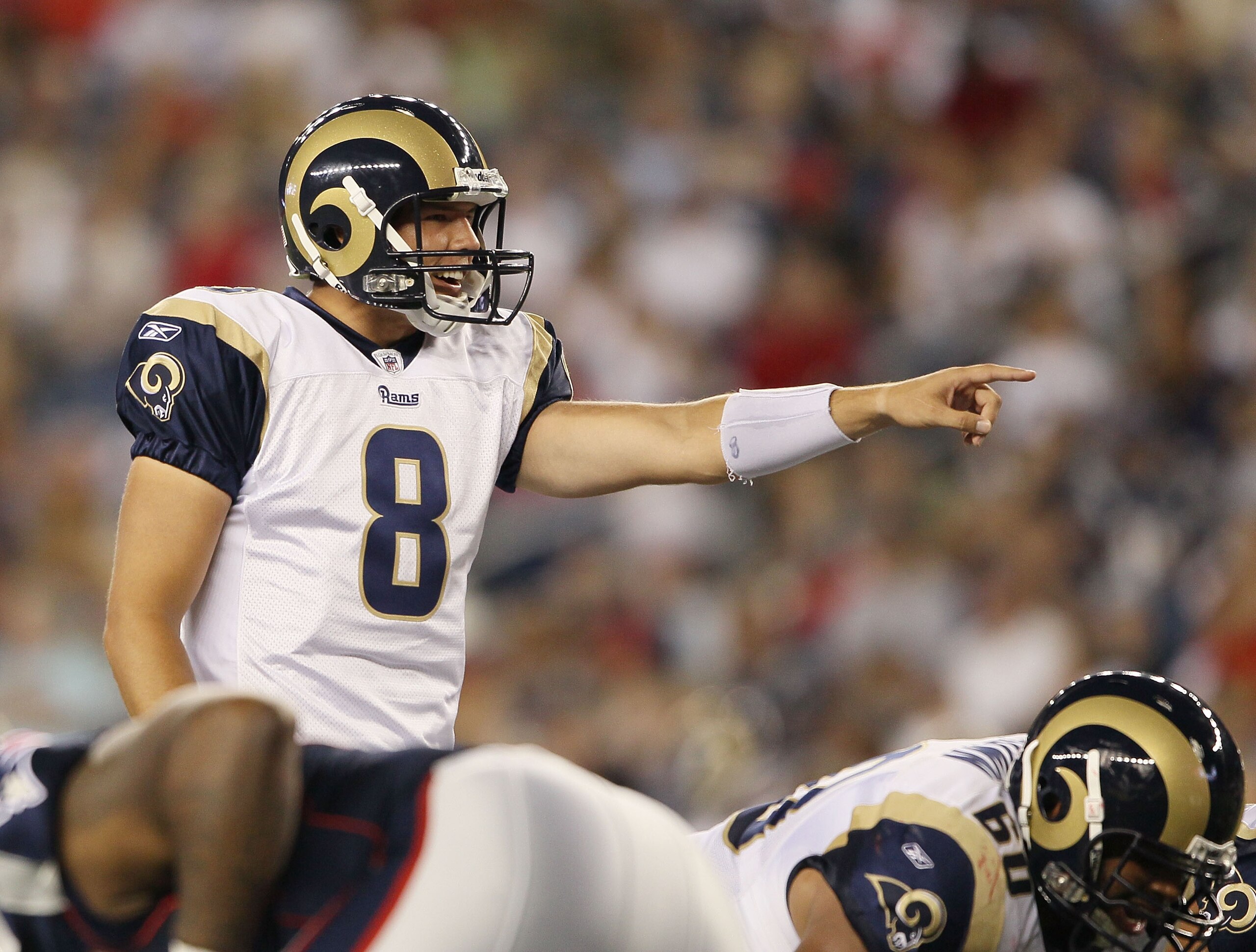 FOXBORO, MA - AUGUST 26: Sam Bradford #8 of the St. Louis Rams calls out the play in the first half against the New England Patriots on August 26, 2010 at Gillette Stadium in Foxboro, Massachusetts. (Photo by Elsa/Getty Images) FOXBORO, MA - AUGUST 26: Sam Bradford #8 of the St. Louis Rams calls out the play in the first half against the New England Patriots on August 26, 2010 at Gillette Stadium in Foxboro, Massachusetts. (Photo by Elsa/Getty Images)