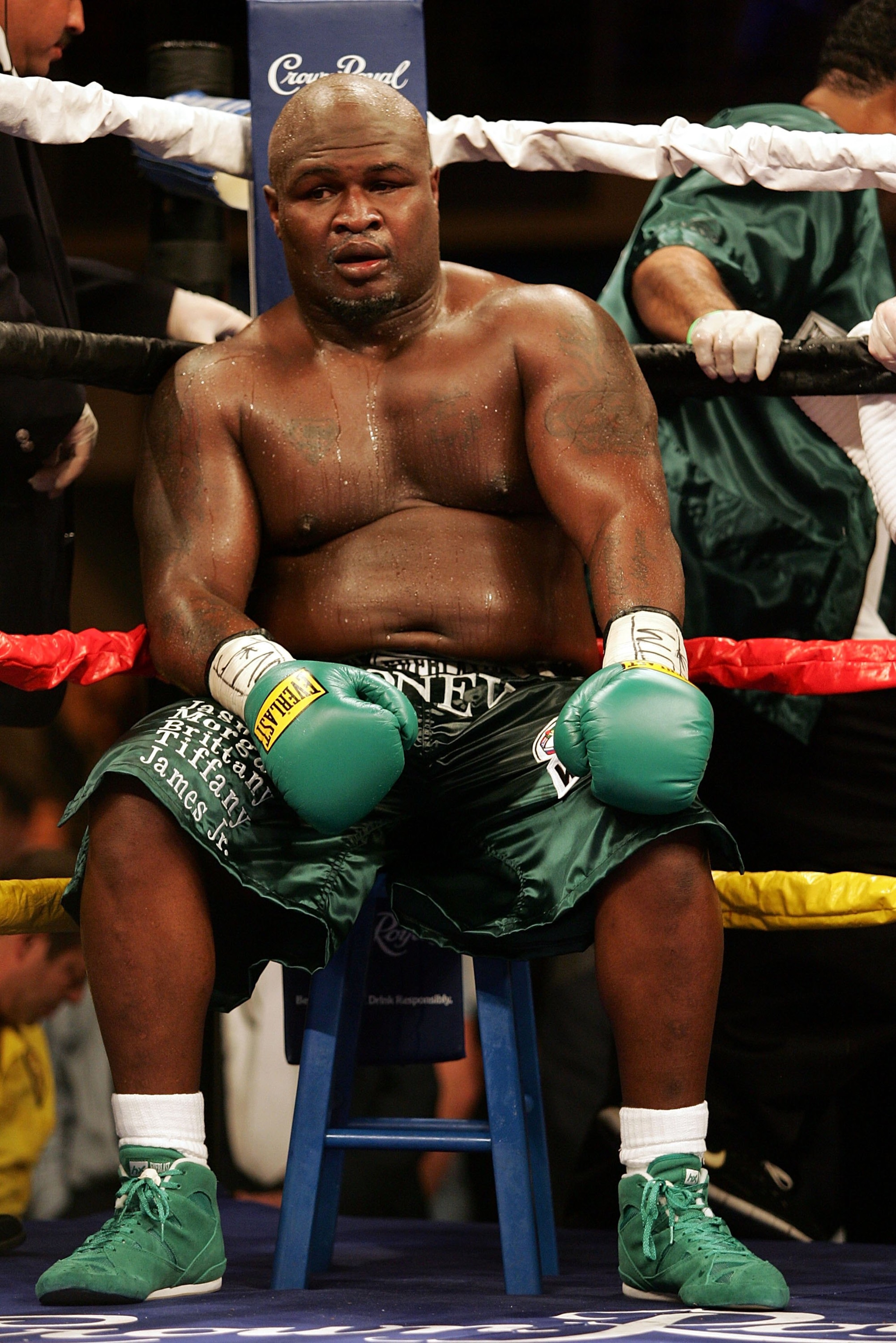 HOLLYWOOD, FL - JANUARY 06:  James 'Lights Out' Toney sits on his stool during his loss to  Samuel 'Nigerian Nightmare' Peter in a WBC heavyweight title eliminator fight at the Hard Rock Hotel and Casino January 6, 2007 in Hollywood, Florida.  (Photo by M