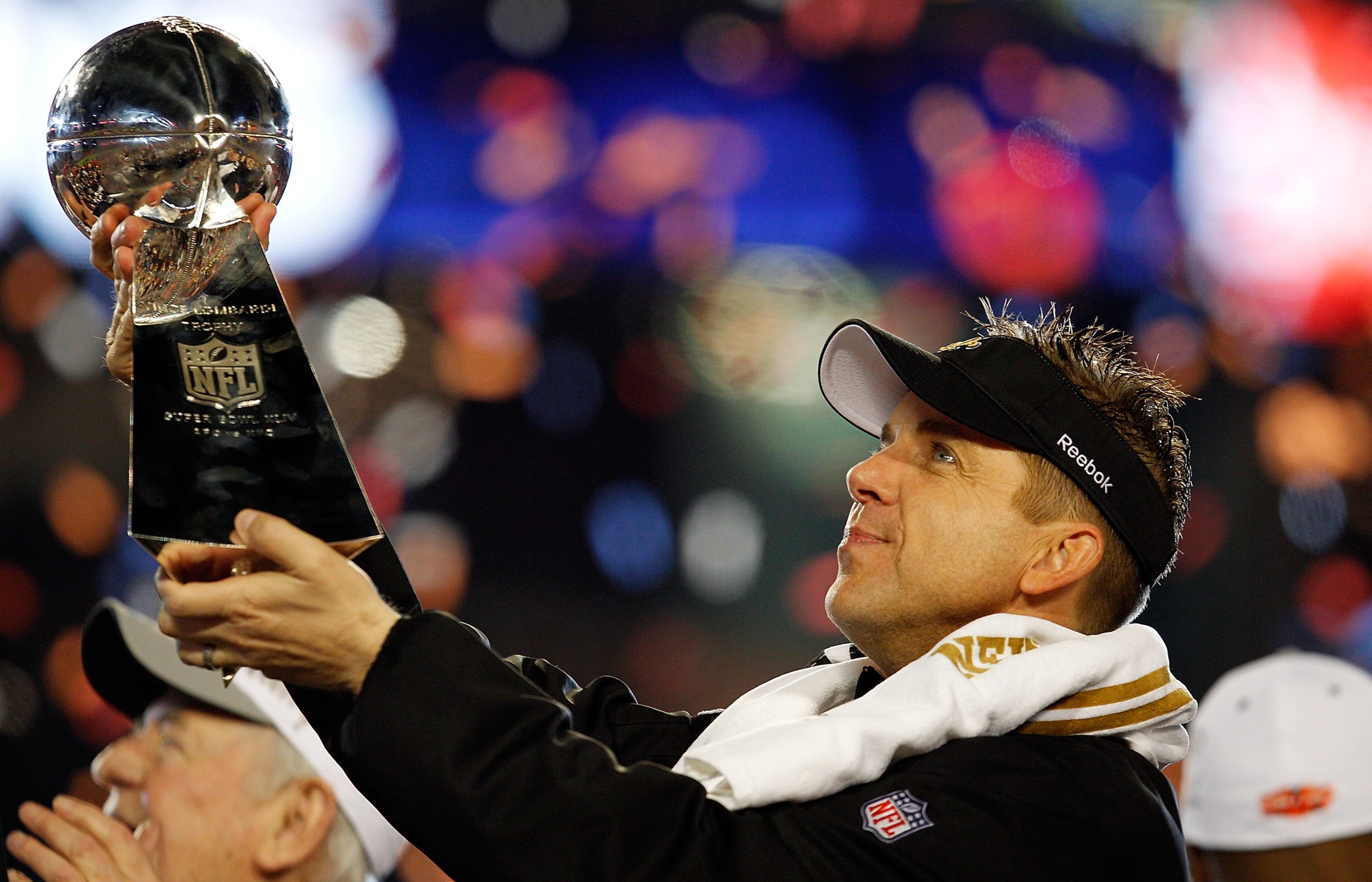MIAMI GARDENS, FL - FEBRUARY 07:  Head coach Sean Payton of the New Orleans Saints celebrates with the Vince Lombardi Trophy after his team defeated the Indianapolis Colts during Super Bowl XLIV on February 7, 2010 at Sun Life Stadium in Miami Gardens, Fl