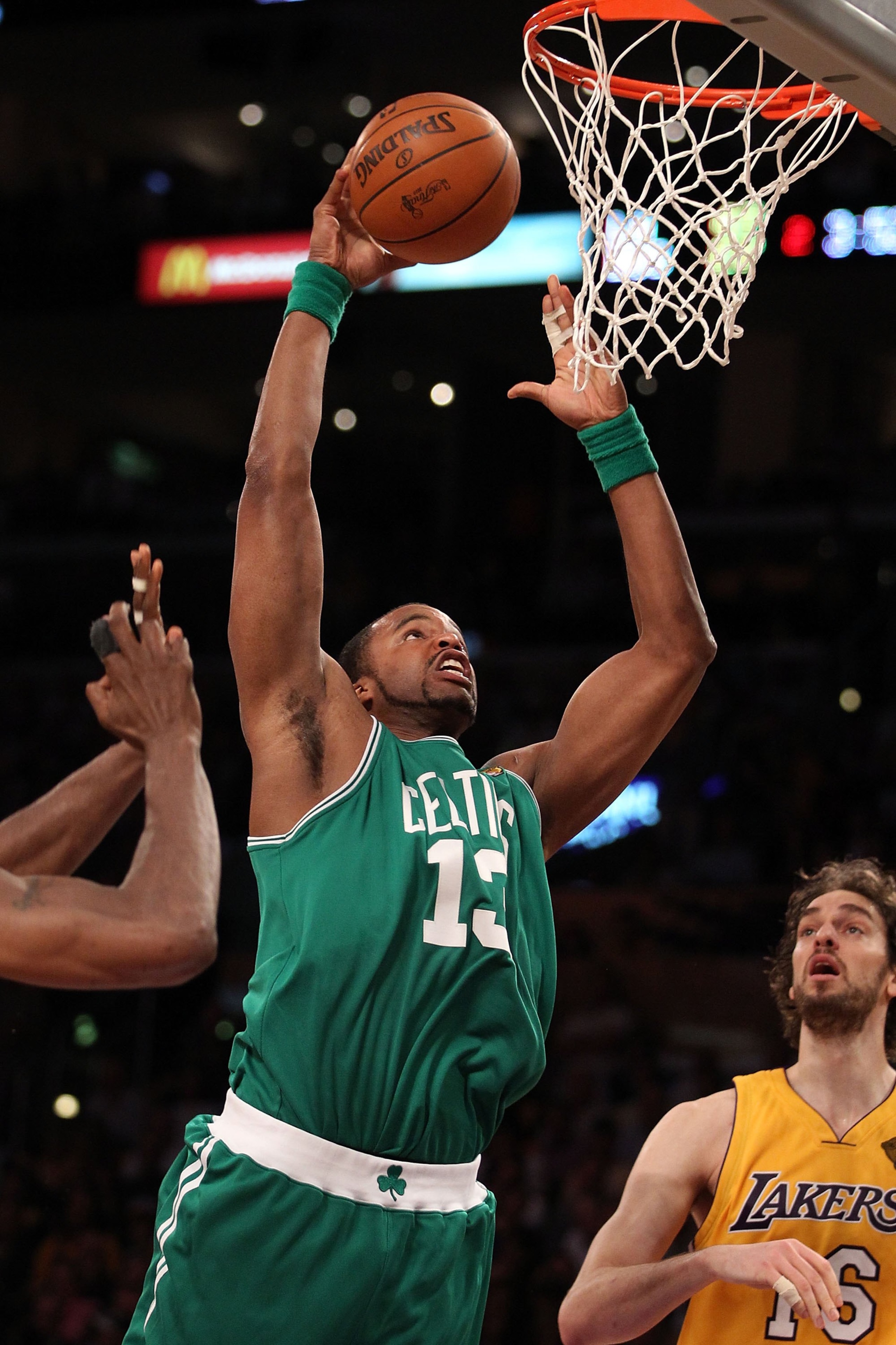 LOS ANGELES, CA - JUNE 15:  Shelden Williams #13 of the Boston Celtics goes up to dunk the ball against the Los Angeles Lakers in Game Six of the 2010 NBA Finals at Staples Center on June 15, 2010 in Los Angeles, California.  NOTE TO USER: User expressly