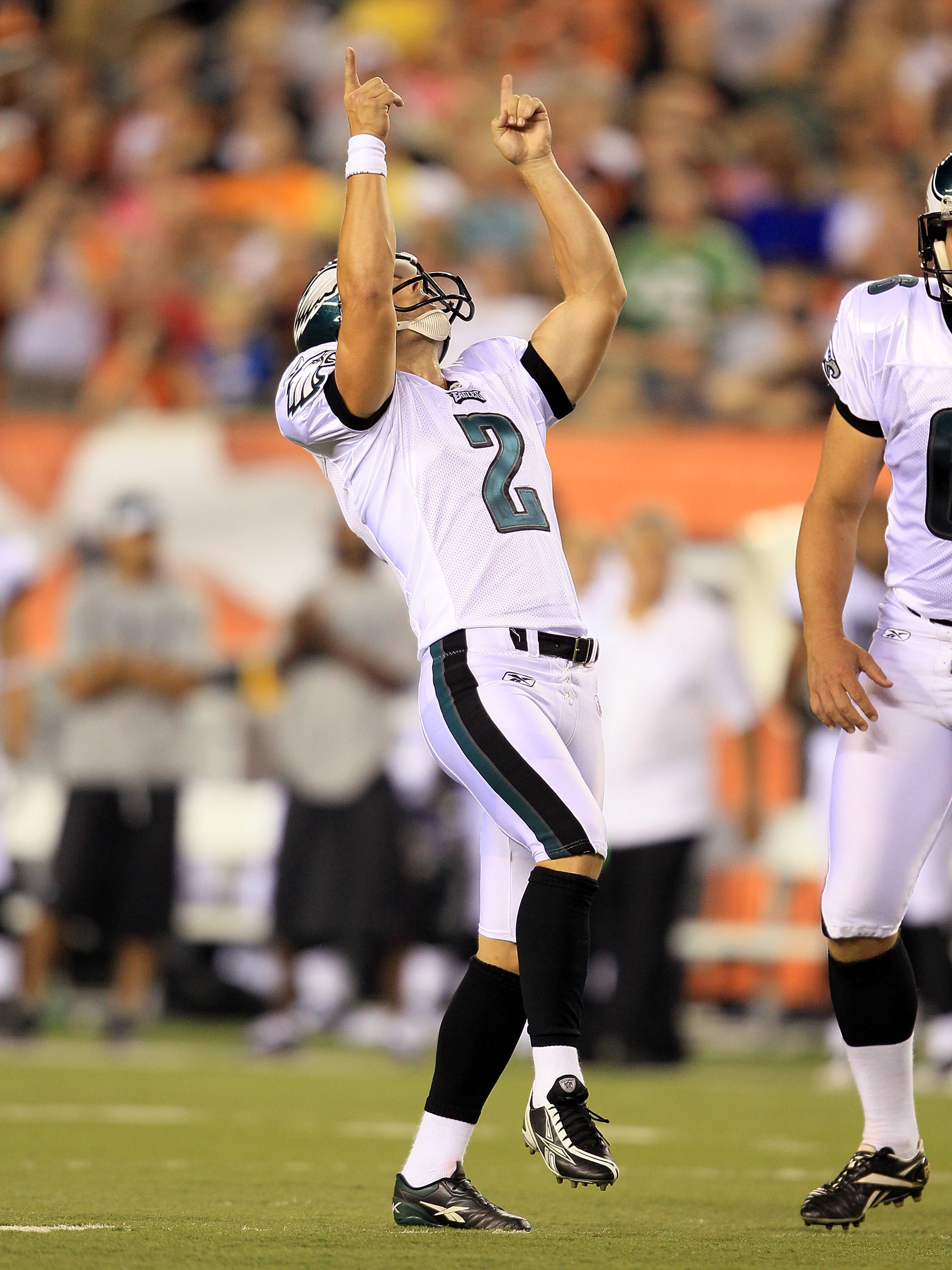 CINCINNATI - AUGUST 20: David Akers #2 of the Philadelphia Eagles celebrates after kicking a field goal during the NFL preseason game against the Cincinnati Bengals at Paul Brown Stadium on August 20, 2010 in Cincinnati, Ohio. (Photo by Andy Lyons/Getty CINCINNATI - AUGUST 20: David Akers #2 of the Philadelphia Eagles celebrates after kicking a field goal during the NFL preseason game against the Cincinnati Bengals at Paul Brown Stadium on August 20, 2010 in Cincinnati, Ohio. (Photo by Andy Lyons/Getty