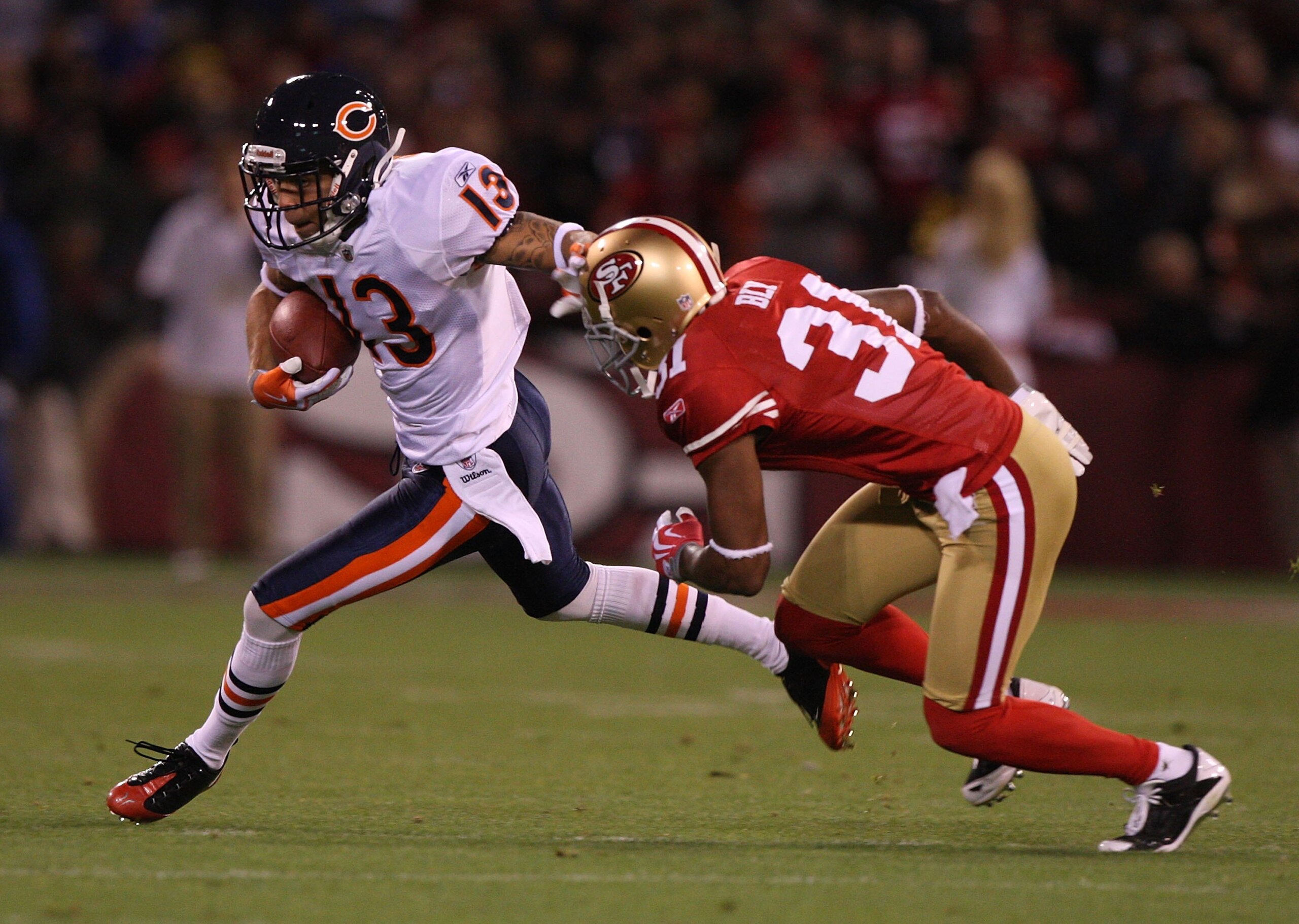 SAN FRANCISCO - NOVEMBER 12:  Johnny Knox #13 of the Chicago Bears in action against the San Francisco 49ers at Candlestick Park on November 12, 2009 in San Francisco, California. The 49ers won 10-6.  (Photo by Jed Jacobsohn/Getty Images)