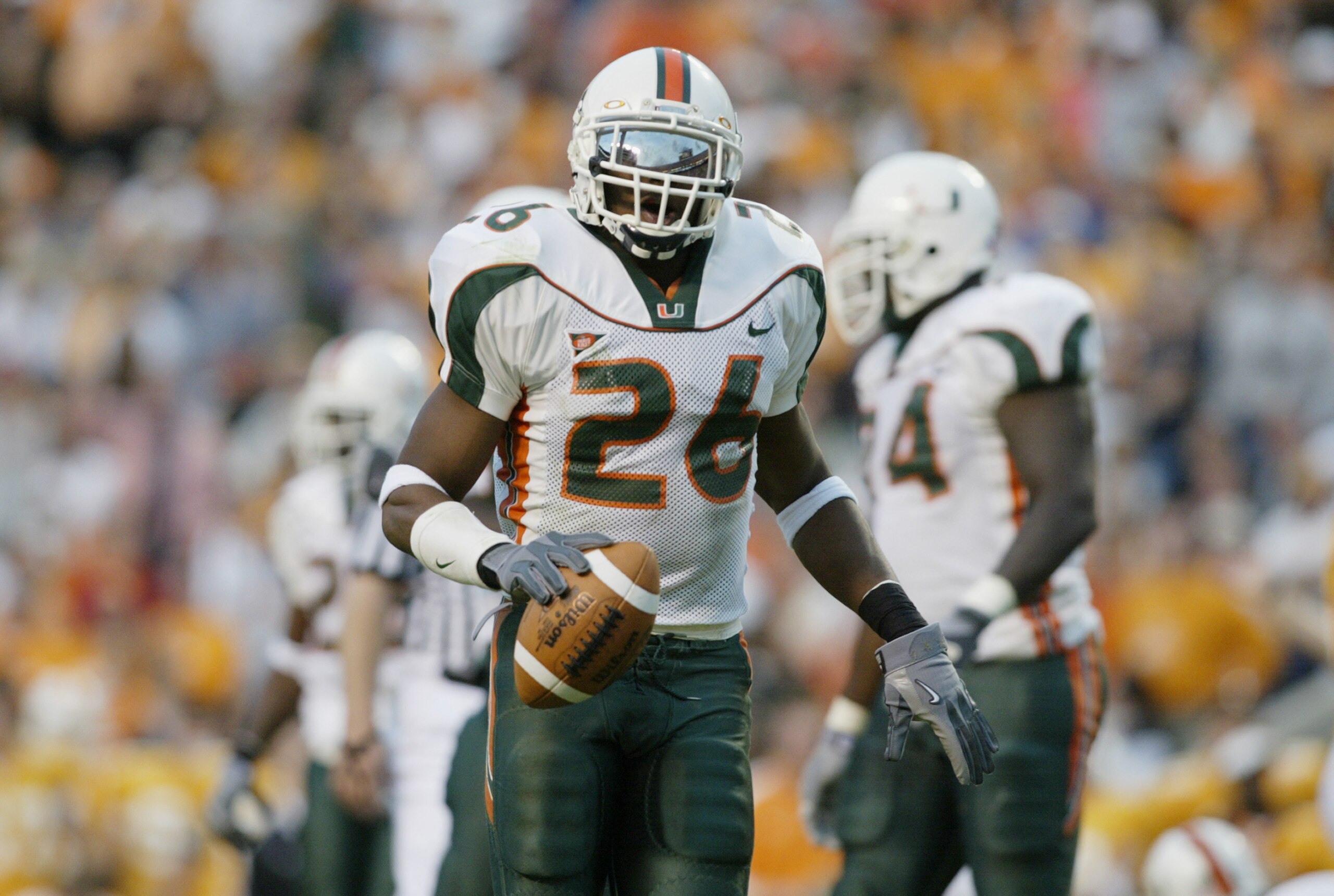 KNOXVILLE,TN - NOVEMBER 9:  Sean Taylor #26 of Miami holds the ball during the game against the Tennessee on November 9, 2002 at the Neyland Stadium in Knoxville, Tennessee.  (Photo by Andy Lyons/Getty Images)