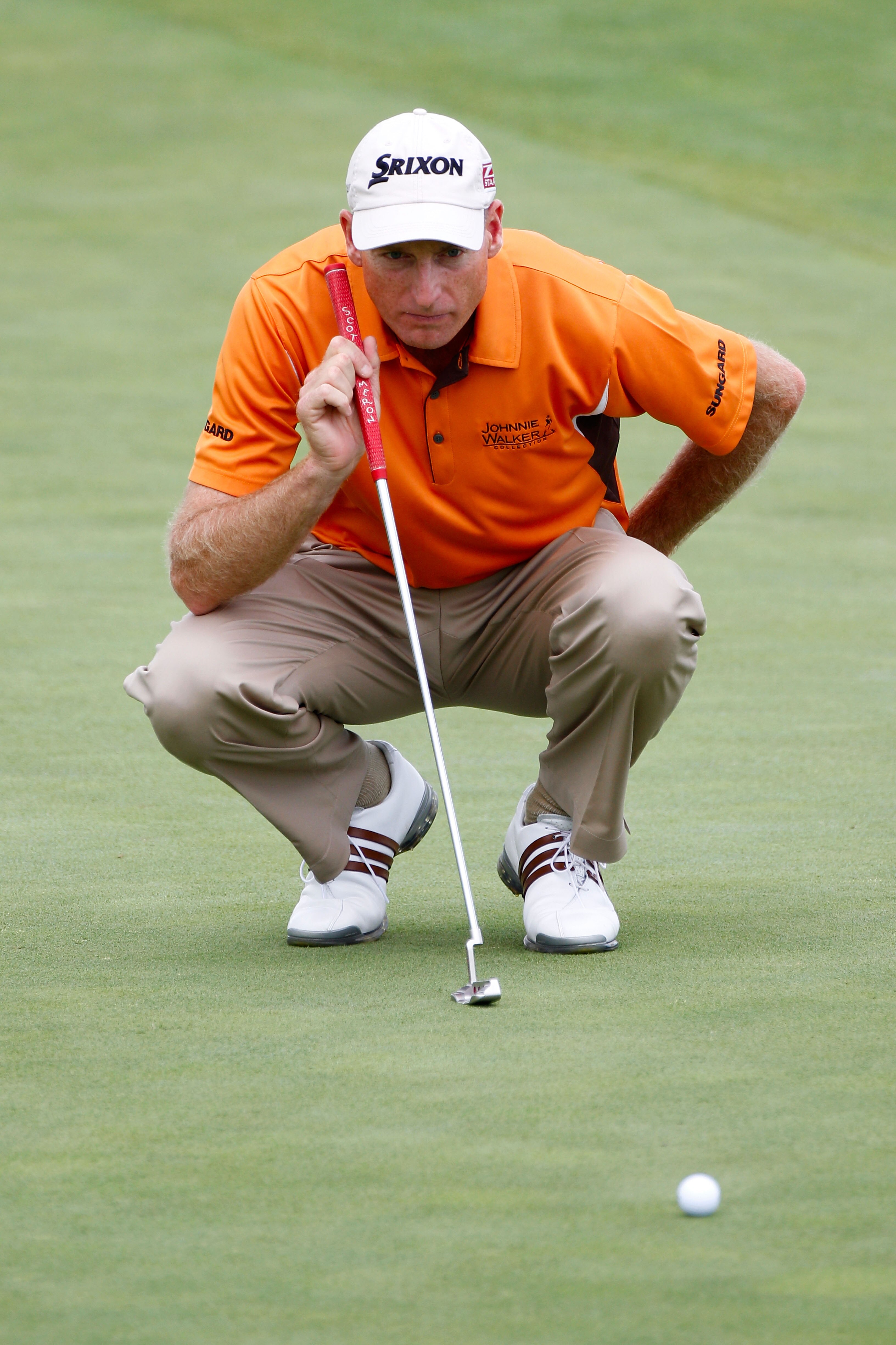 KOHLER, WI - AUGUST 14:  Jim Furyk lines up a putt on the fourth hole during the third round of the 92nd PGA Championship on the Straits Course at Whistling Straits on August 14, 2010 in Kohler, Wisconsin.  (Photo by Sam Greenwood/Getty Images)