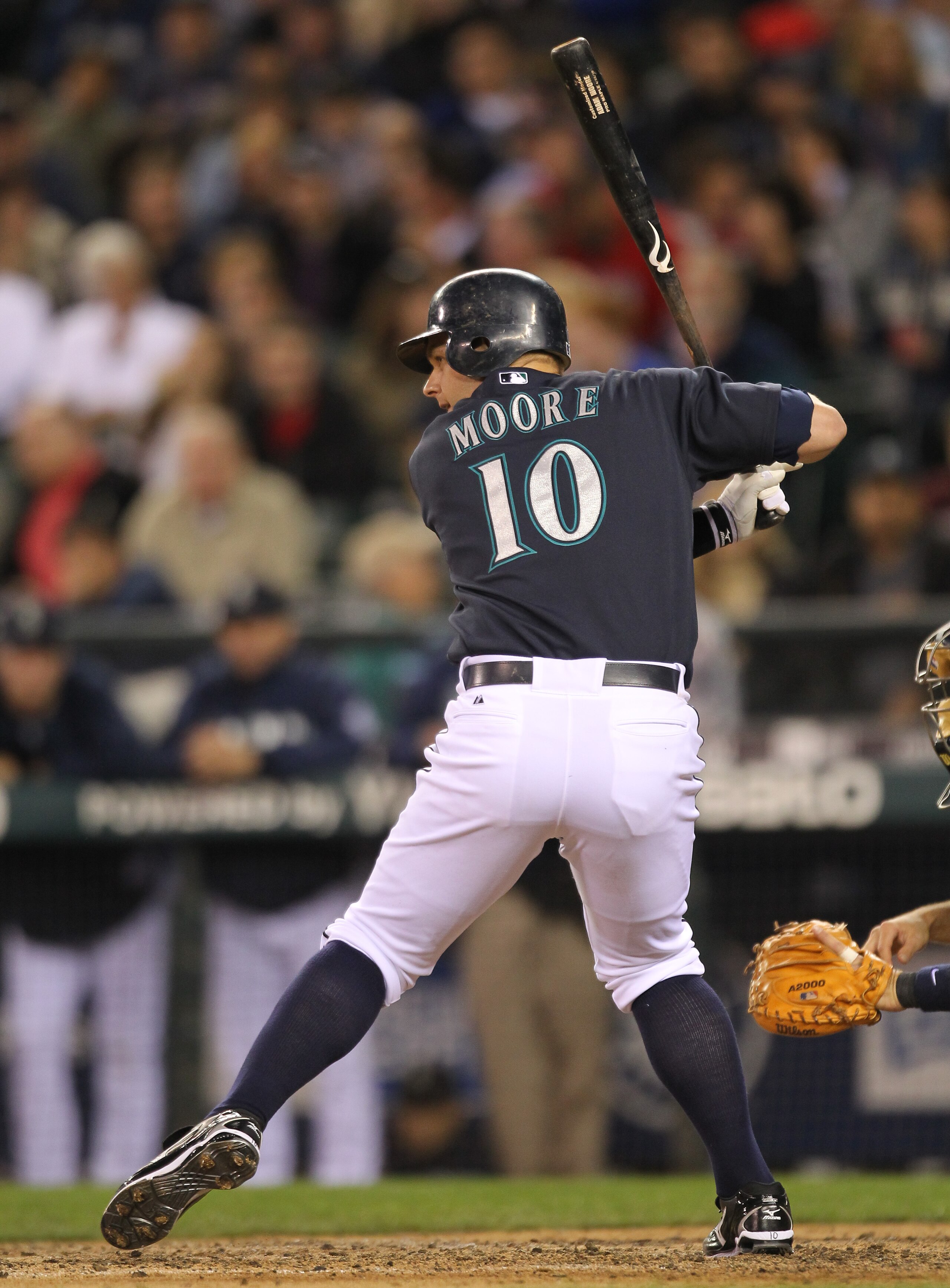 SEATTLE - AUGUST 27:  Adam Moore #10 of the Seattle Mariners bats against the Minnesota Twins at Safeco Field on August 27, 2010 in Seattle, Washington. The Twins won 6-3. (Photo by Otto Greule Jr/Getty Images)