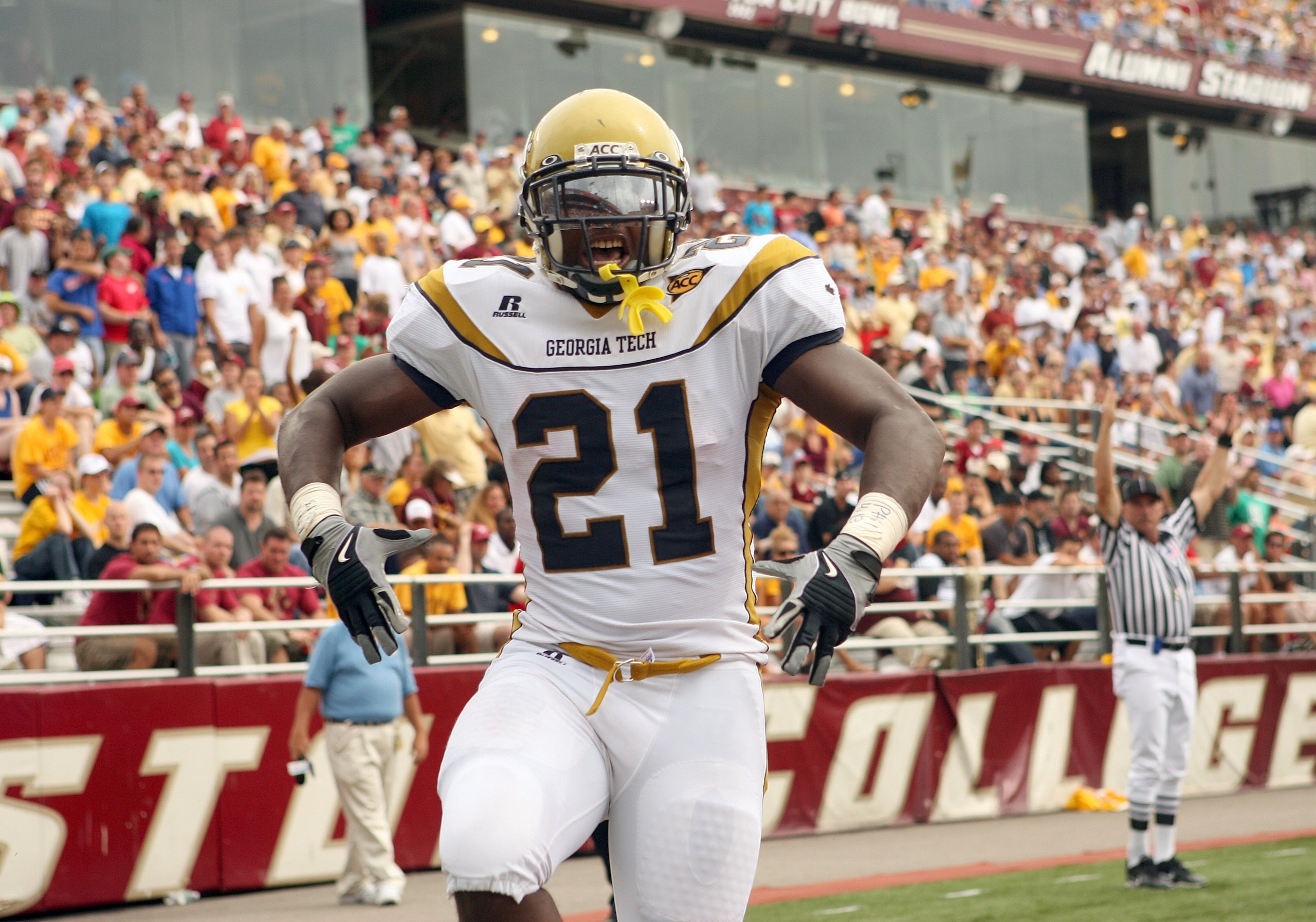 CHESTNUT HILL, MA - SEPTEMBER 6:  Running back Jonathan Dwyer #21 of the Georgia Tech Yellow Jackets celebrates in the end zone during their game against the Boston College Eagles on September 6, 2008 at Alumni Stadium in Chestnut Hill, Massachusetts. The