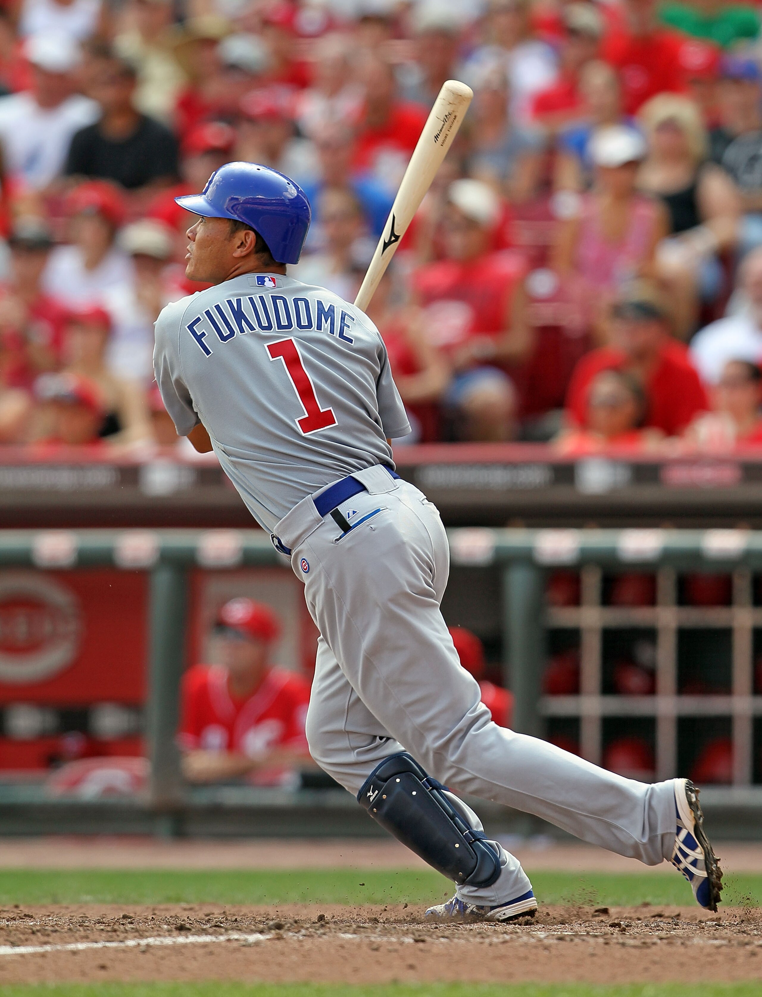 CINCINNATI - AUGUST 29:  Kosuke Fukudome #1 of the Chicago Cubs hits a home run during the game against the Cincinnati Reds at Great American Ball Park on August 29, 2010 in Cincinnati, Ohio.  (Photo by Andy Lyons/Getty Images)