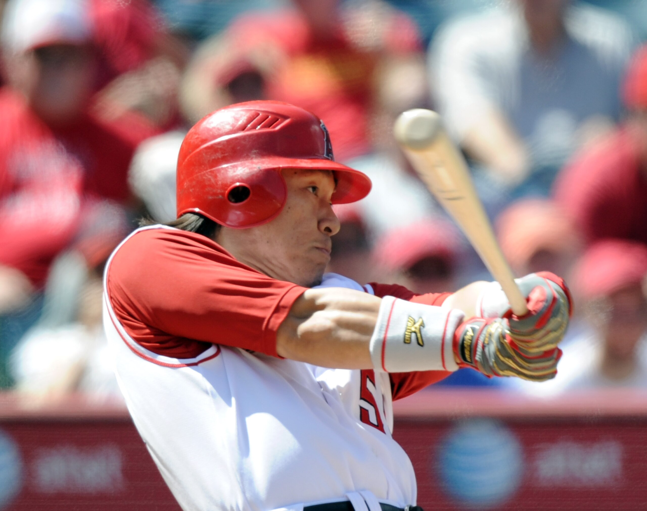 ANAHEIM, CA - AUGUST 29:  Hideki Matsui #53 of the Los Angeles Angels of Anaheim takes a swing in his at bat as a pinch hitter against the Baltimore Orioles during the eighth inning at Angel Stadium on August 29, 2010 in Anaheim, California. Matsui struck