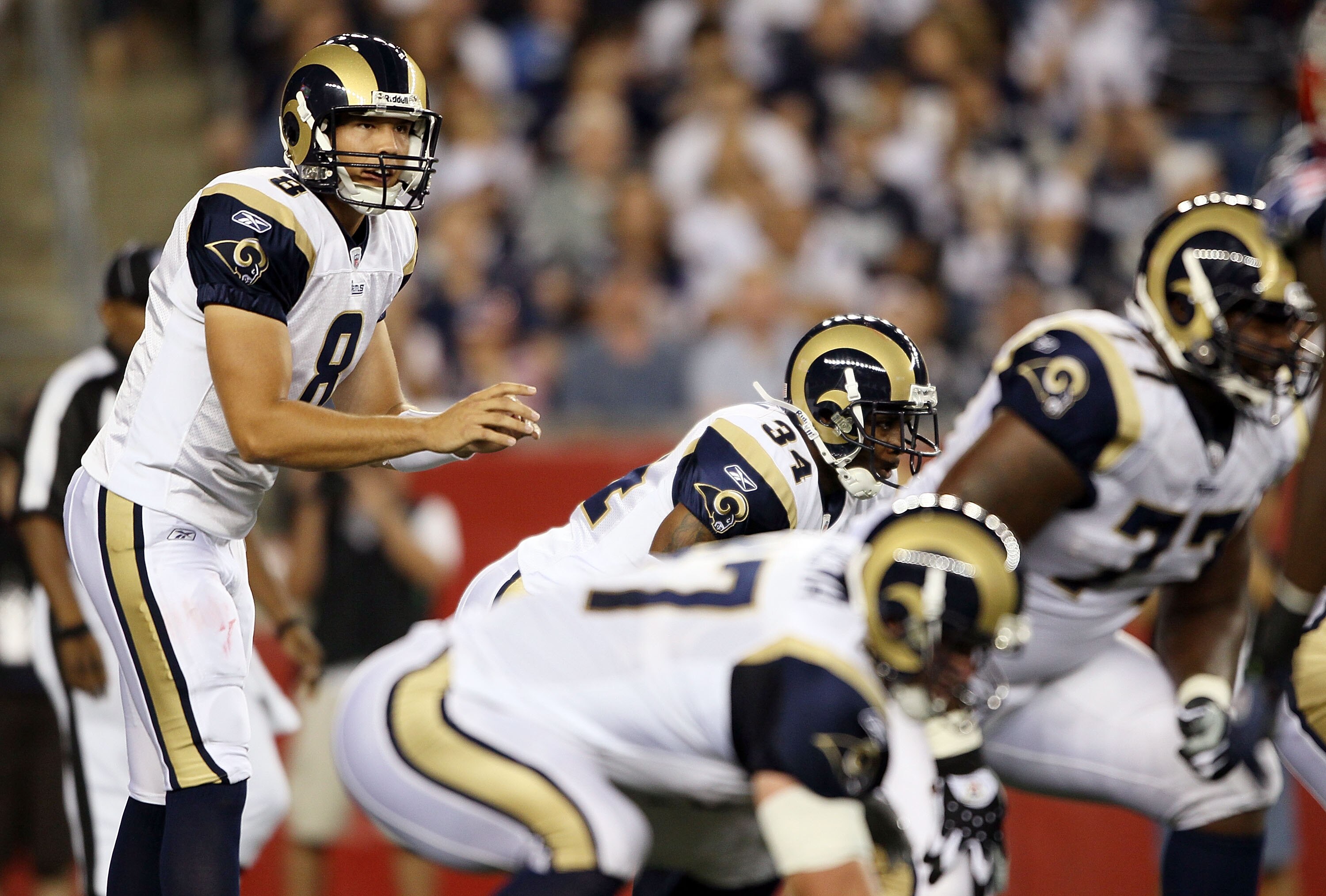 FOXBORO, MA - AUGUST 26:  Sam Bradford #8  of the St. Louis Rams calls out the play in the first half against the New England Patriots on August 26, 2010 at Gillette Stadium in Foxboro, Massachusetts.  (Photo by Elsa/Getty Images)