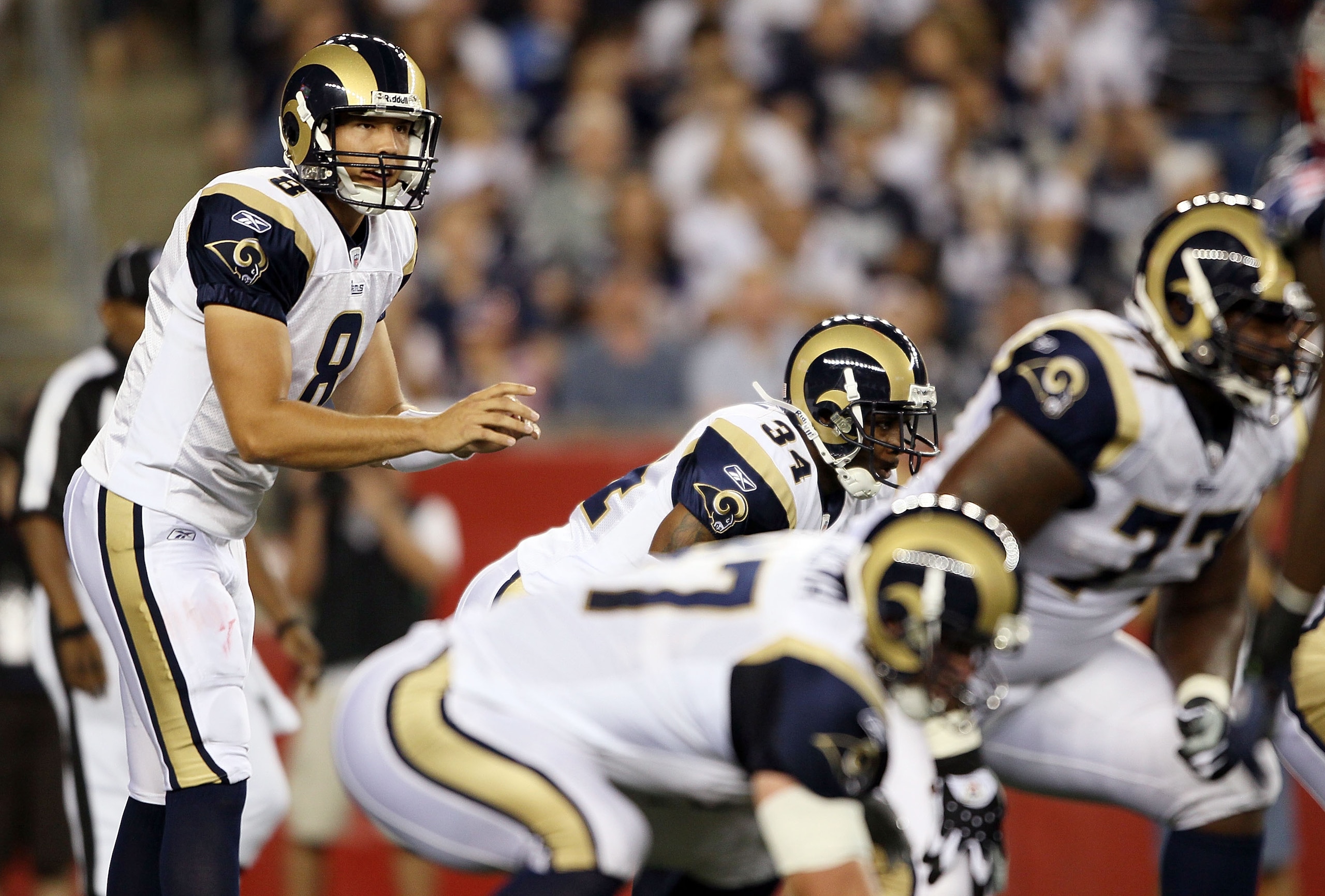 FOXBORO, MA - AUGUST 26:  Sam Bradford #8  of the St. Louis Rams calls out the play in the first half against the New England Patriots on August 26, 2010 at Gillette Stadium in Foxboro, Massachusetts.  (Photo by Elsa/Getty Images)