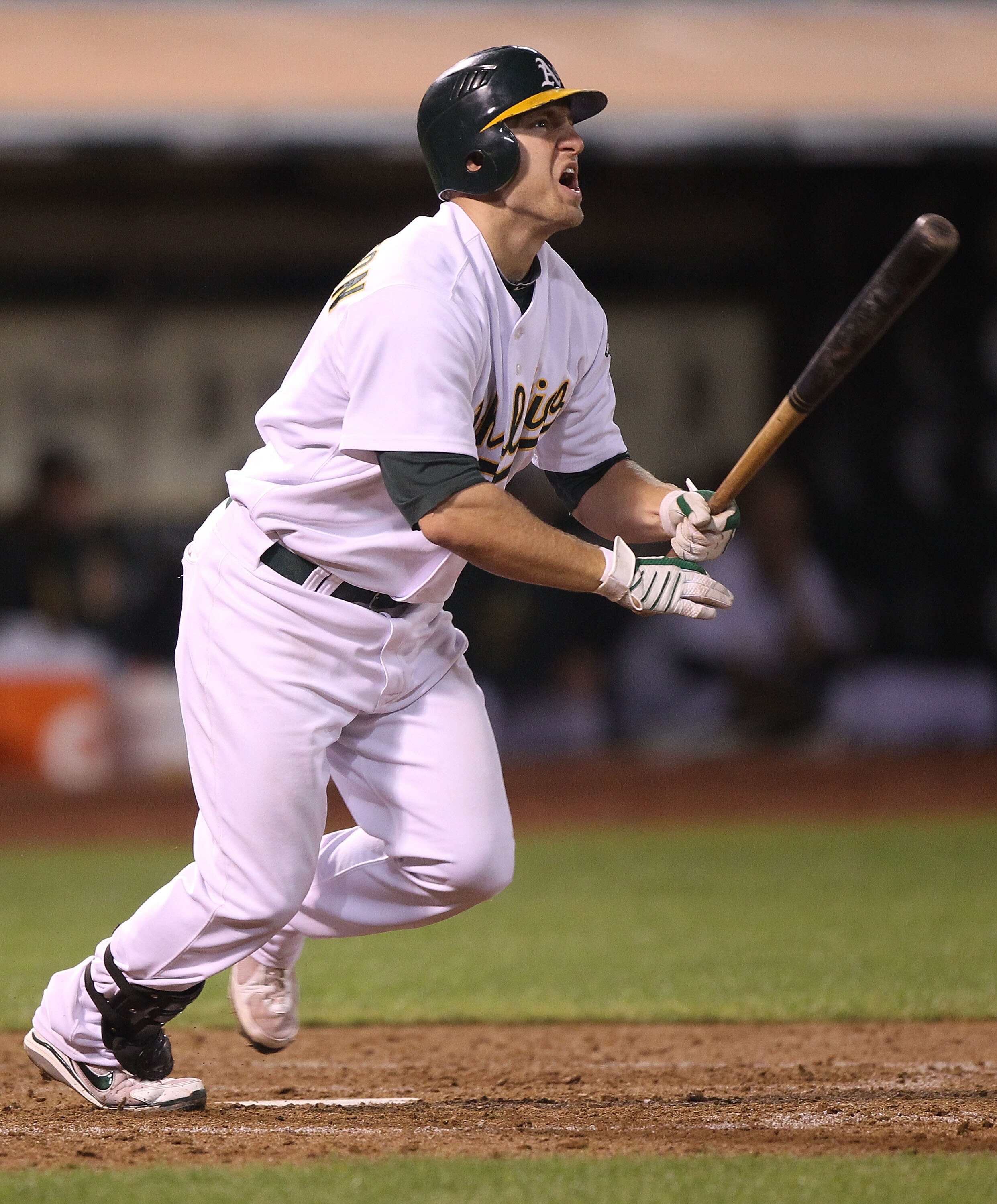 OAKLAND, CA - AUGUST 19:  Cliff Pennington #2 of the Oakland Athletics hits a two run double against the Tampa Bay Rays in the sixth inning during an MLB game at the Oakland-Alameda County Coliseum on August 19, 2010 in Oakland, California.  (Photo by Jed