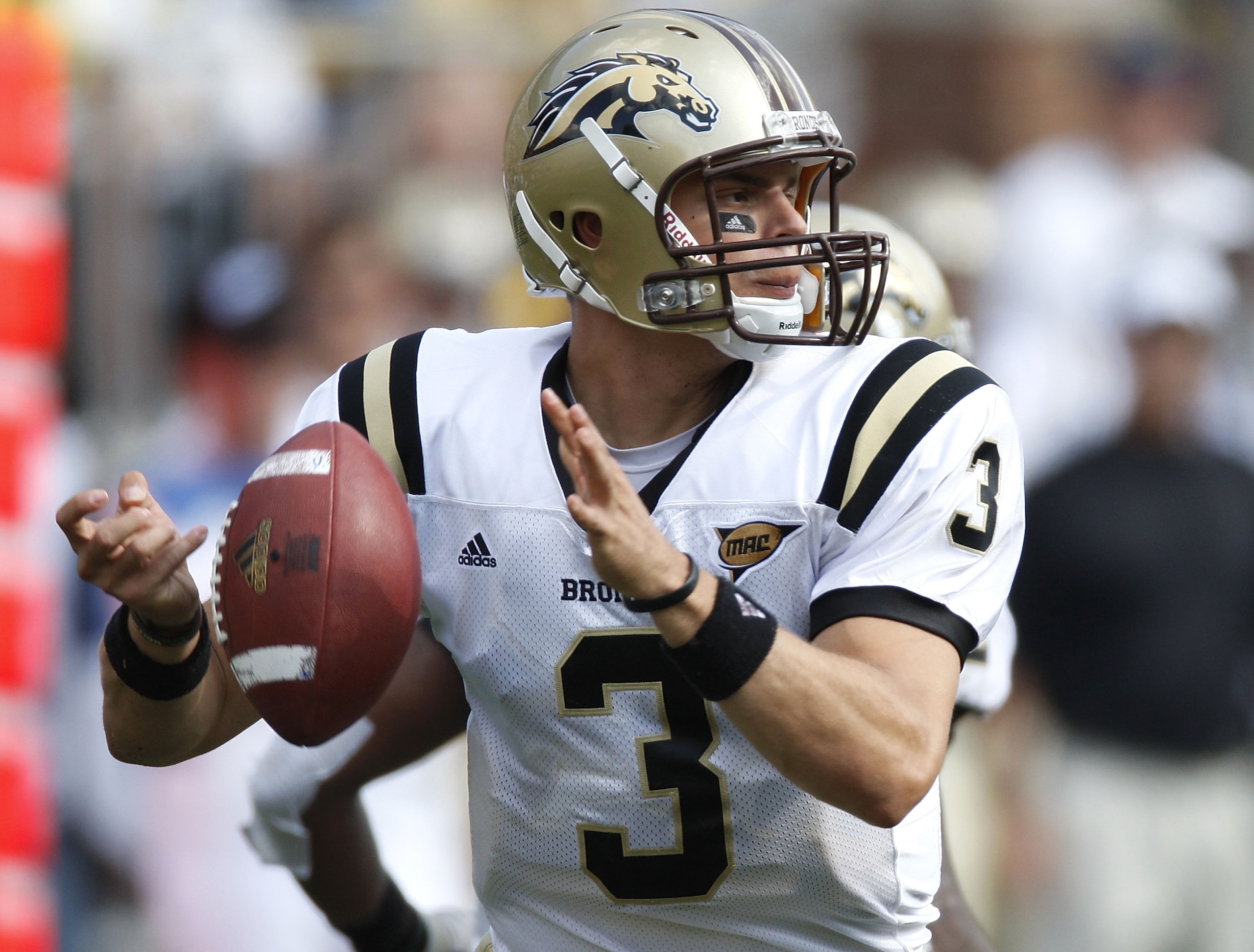 ANN ARBOR, MI - SEPTEMBER 05: Tim Hiller #3 of the Western Michigan Broncos drops the ball while trying to pass down field while playing the Michigan Wolverines on September 5, 2009 at Michigan Stadium in Ann Arbor, Michigan. Michigan won the game 31-7.