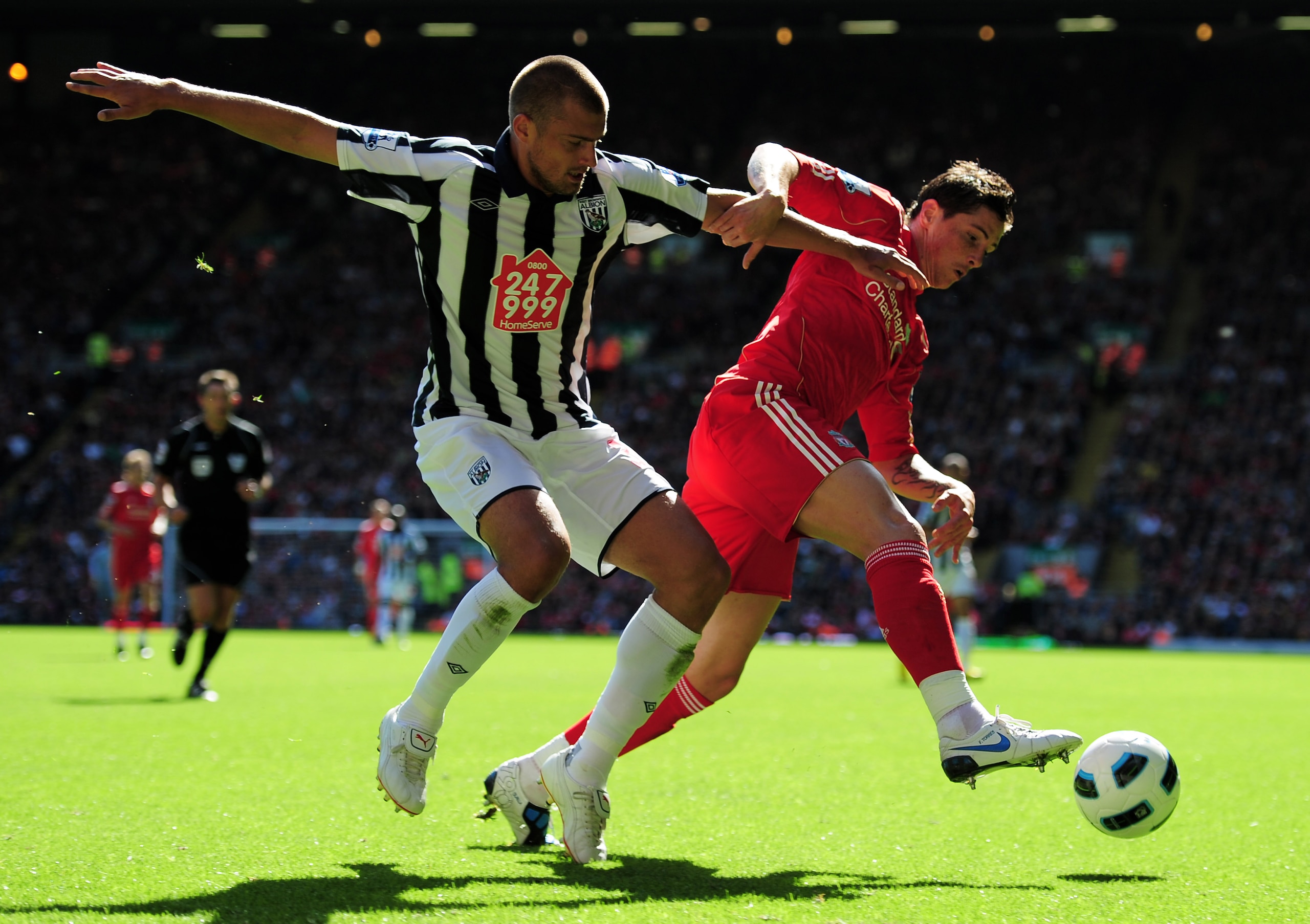 LIVERPOOL, ENGLAND - AUGUST 29:  Gabriel Tamas of West Bromwich Albion battles for the ball with Fernando Torres of Liverpool during the Barclays Premier League match between Liverpool and West Bromwich Albion at Anfield on August 29, 2010 in Liverpool, E