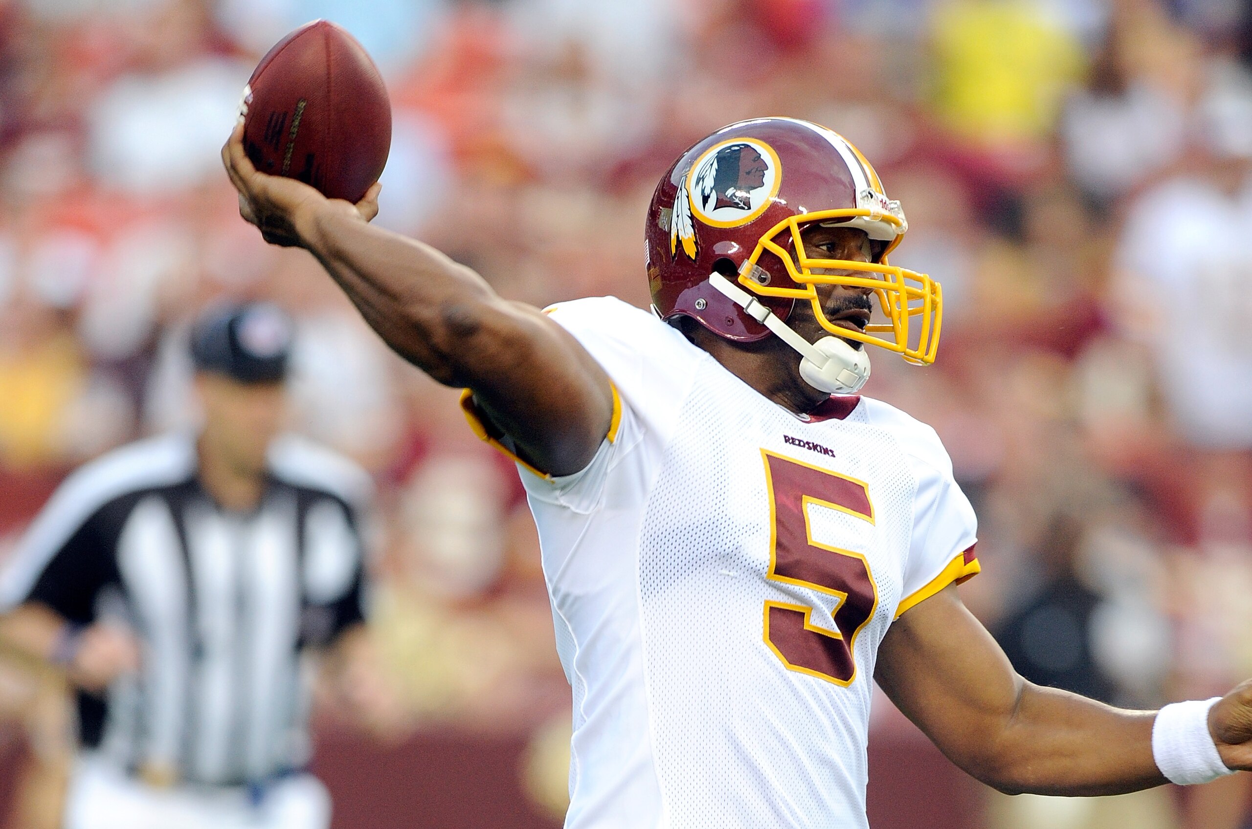 LANDOVER, MD - AUGUST 21:  Donovan McNabb #5 of the Washington Redskins throws a pass during the preseason game against the Baltimore Ravens at FedExField on August 21, 2010 in Landover, Maryland.  (Photo by Greg Fiume/Getty Images)